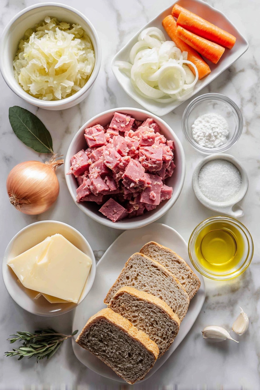 Reuben Soup with Sauerkraut and Swiss, Reuben sandwich soup, savory Reuben-inspired soup, easy Reuben soup recipe, comforting Reuben soup - Flat lay of a diced pile of lean cooked corned beef, a small white bowl of sauerkraut, a chopped yellow onion, four chopped fresh carrots, three peeled garlic cloves, a sprig of fresh oregano, one fresh bay leaf, a small white bowl with clear cold water, a small white bowl with white cornstarch powder, a small white bowl of heavy cream, neatly stacked slices of Swiss cheese, a small white bowl of golden extra-virgin olive oil, and six slices of marbled rye bread arranged in a simple white ceramic dish, placed on a clean white marble surface, soft natural light, photo taken with an iPhone, professional food photography style, fresh ingredients, white ceramic bowls, no bottles, no duplicates, no utensils, no packaging --ar 2:3 --v 7 --p m7354615311229779997