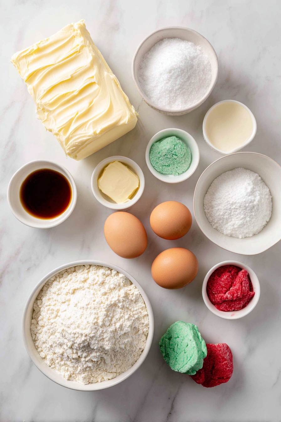 Christmas Cheesecake Cookies, holiday cheesecake cookies, festive cheesecake cookies, peppermint cheesecake cookies, marbled holiday cookies - Flat lay of a block of cream cheese with creamy texture, a half cup of solid butter, two whole brown eggs with smooth shells, a small white bowl filled with granulated sugar, a small white bowl containing vanilla extract, a small white bowl with all-purpose flour, a small white bowl holding baking powder, a small white bowl with fine salt, two small dollops of red and green dough representing food coloring mixed into dough pieces, a small white bowl with peppermint extract, all perfectly arranged in symmetrical balance on a clean white marble surface, soft natural light, photo taken with an iPhone, professional food photography style, fresh ingredients, white ceramic bowls, no bottles, no duplicates, no utensils, no packaging --ar 2:3 --v 7 --p m7354615311229779997