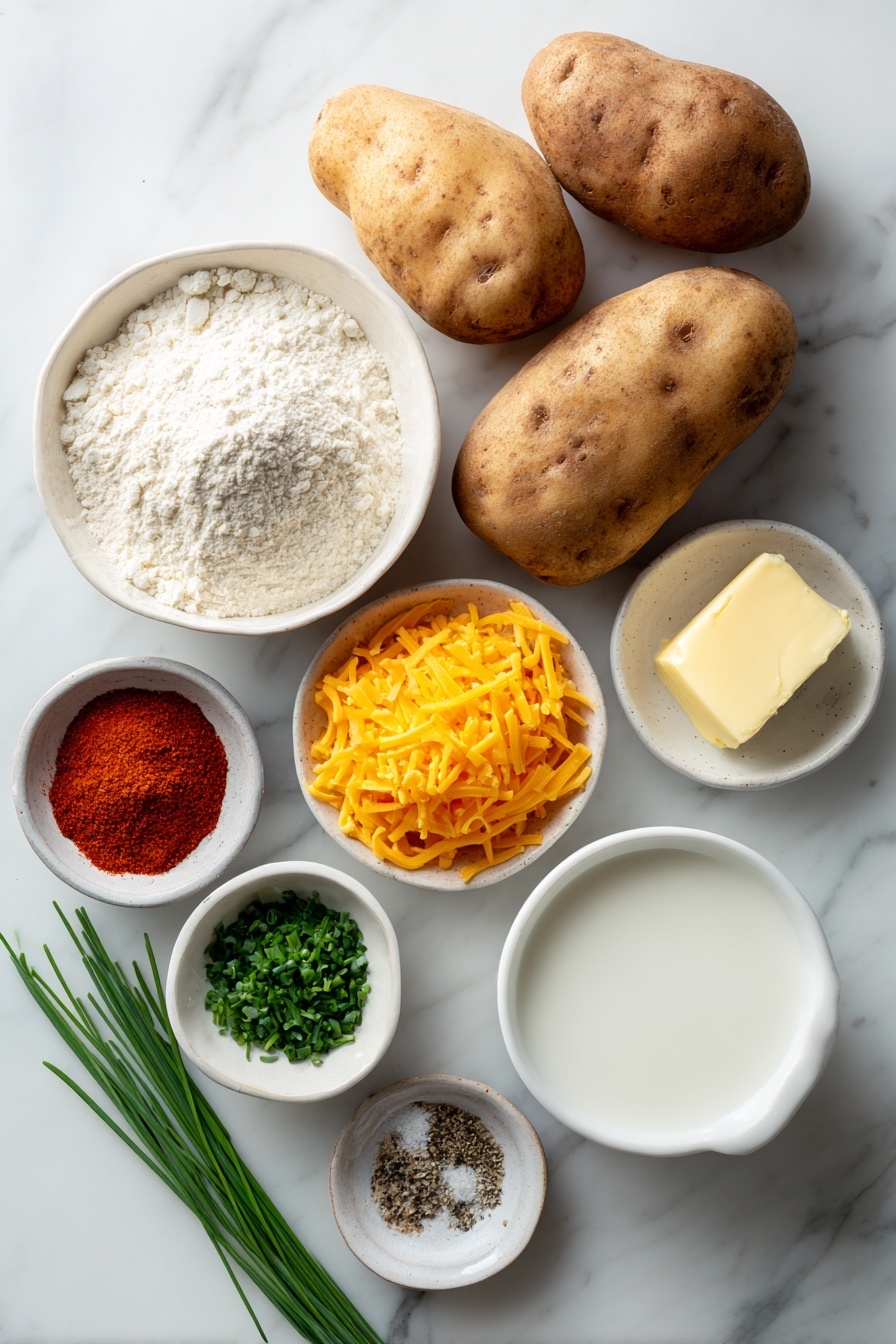 Cheesy Scalloped Potatoes, cheesy scalloped potatoes recipe, creamy scalloped potatoes, baked potato side dish, comfort food recipes - Flat lay of whole russet potatoes with rough brown skins, a small pat of creamy yellow butter, a small white ceramic bowl of fine all-purpose flour, a small white bowl filled with creamy white milk, a small white bowl containing freshly ground black pepper and coarse salt, a neat pile of bright orange shredded sharp cheddar cheese, a tiny mound of vibrant red paprika powder, and a small cluster of finely chopped fresh green chives and parsley, all arranged symmetrically on a clean white marble surface, soft natural light, photo taken with an iPhone, professional food photography style, fresh ingredients, white ceramic bowls, no bottles, no duplicates, no utensils, no packaging --ar 2:3 --v 7 --p m7354615311229779997