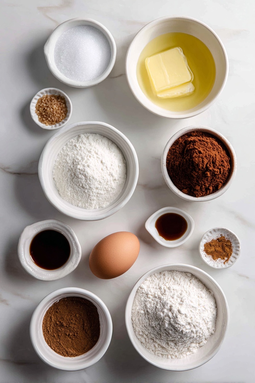 Spiced Gingerbread Cookie Bars, Christmas Dessert Bars, Easy Gingerbread Bars, Holiday Cookie Bars, Warm Spiced Gingerbread Treats - Flat lay of a small white ceramic bowl of melted golden butter, a small white bowl of granulated white sugar, a small white bowl of rich brown sugar, a small white bowl of dark molasses, a single whole uncracked brown egg, a small white bowl of all-purpose flour, a small white bowl with ground cinnamon, a small white bowl with ground ginger, a small white bowl with ground allspice, a small white bowl with ground nutmeg, a small white bowl of fine salt, and a small white bowl of vanilla extract, all arranged in perfect symmetry on a clean white marble surface, soft natural light, photo taken with an iPhone, professional food photography style, fresh ingredients, white ceramic bowls, no bottles, no duplicates, no utensils, no packaging --ar 2:3 --v 7 --p m7354615311229779997