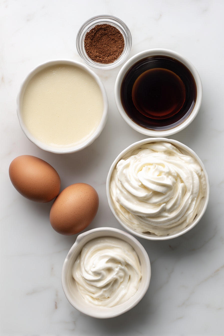 Eggnog White Russian Cocktail, festive eggnog cocktails, holiday White Russian, creamy winter cocktails, eggnog holiday drink - Flat lay of a small white ceramic bowl of smooth eggnog, a small white ceramic bowl with rich dark Kahlua coffee liqueur, a small white ceramic bowl with clear vodka, a small white ceramic bowl filled with finely ground nutmeg, a small white ceramic bowl holding a swirl of fresh whipped cream, and two whole clean brown eggs placed symmetrically, all arranged neatly on a clean white marble surface, soft natural light, photo taken with an iPhone, professional food photography style, fresh ingredients, white ceramic bowls, no bottles, no duplicates, no utensils, no packaging --ar 2:3 --v 7 --p m7354615311229779997