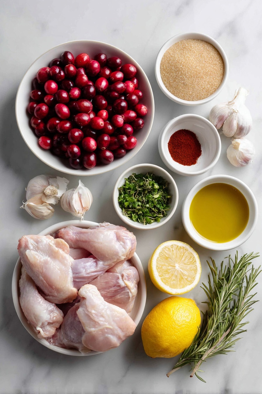 Baked Cranberry Chicken with Rosemary, Cranberry Chicken recipes, Rosemary chicken dishes, Easy cranberry chicken, Festive chicken dinner ideas - Flat lay of fresh bright red cranberries in a small white ceramic bowl, a small white bowl filled with golden brown sugar, another small white bowl with clear white wine vinegar, six raw bone-in skin-on chicken pieces arranged neatly, several uncracked whole garlic cloves, a small white bowl with chopped fresh green rosemary, a small white bowl of deep red paprika powder, a few celery stalks chopped evenly, a large yellow onion cut into chunks, one halved bright yellow lemon with visible juice droplets, a small white bowl containing golden extra virgin olive oil, a few fresh rosemary sprigs for garnish, placed on a clean white marble surface, soft natural light, photo taken with an iPhone, professional food photography style, fresh ingredients, white ceramic bowls, no bottles, no duplicates, no utensils, no packaging --ar 2:3 --v 7 --p m7354615311229779997