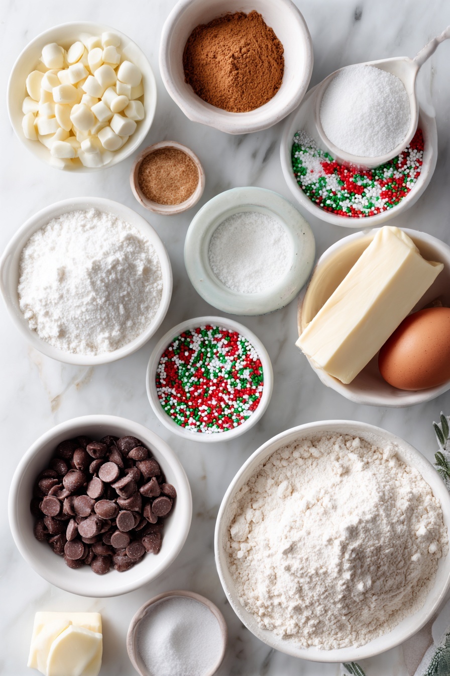 Christmas Chocolate Chip Cookies, festive holiday cookies, soft chewy chocolate chip cookies, cinnamon holiday cookies, Christmas cookie recipes - Flat lay of a small white ceramic bowl of all-purpose white flour, a small white ceramic bowl of light brown sugar, a small white ceramic bowl of white sugar, one large whole egg with a clean shell, a small white ceramic bowl of ground cinnamon, a small white ceramic bowl of baking soda, a small white ceramic bowl of salt, a small white ceramic bowl of mini semi-sweet chocolate chips, a small white ceramic bowl of white chocolate chips, a small white ceramic bowl of red, green, and white flat confetti Christmas sprinkles, and a stick of salted butter partially melted, all arranged with perfect symmetry and balanced proportions, placed on a clean white marble surface, soft natural light, photo taken with an iPhone, professional food photography style, fresh ingredients, white ceramic bowls, no bottles, no duplicates, no utensils, no packaging --ar 2:3 --v 7 --p m7354615311229779997