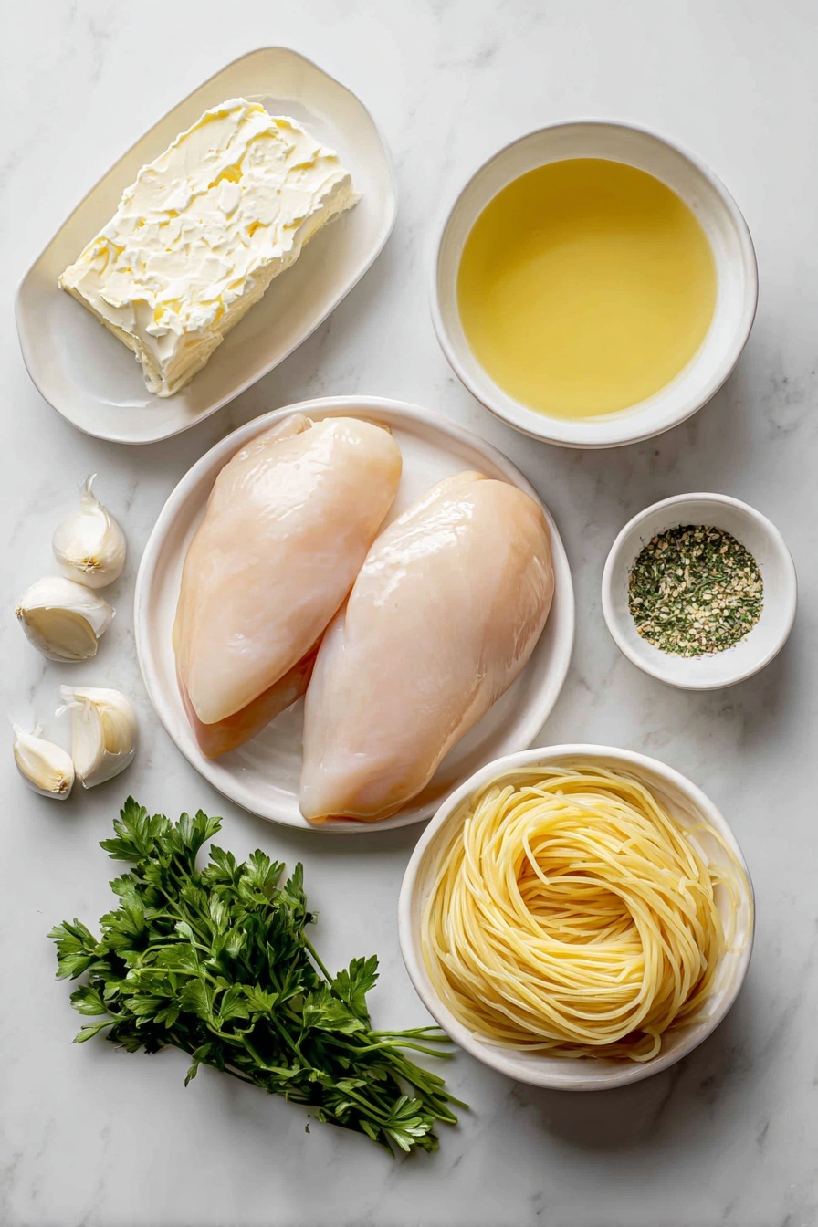 Creamy Crock Pot Angel Chicken, crock pot chicken recipes, easy slow cooker chicken, comforting chicken pasta dish, simple crockpot dinner - Flat lay of fresh boneless, skinless chicken breasts, a half block of creamy white cream cheese softened to room temperature, a few tablespoons of smooth unsalted butter softened to room temperature, three peeled garlic cloves, a small white ceramic bowl filled with light golden vegetable oil, a small white ceramic bowl of pale yellow chicken broth, a small white ceramic bowl with smooth cream of chicken soup, a small white ceramic bowl containing dry Italian seasoning mix with visible herbs, a neatly coiled portion of delicate angel hair pasta, and a small bunch of bright green chopped fresh parsley placed on a simple white ceramic dish, all arranged symmetrically on a clean white marble surface, soft natural light, photo taken with an iPhone, professional food photography style, fresh ingredients, white ceramic bowls, no bottles, no duplicates, no utensils, no packaging --ar 2:3 --v 7 --p m7354615311229779997