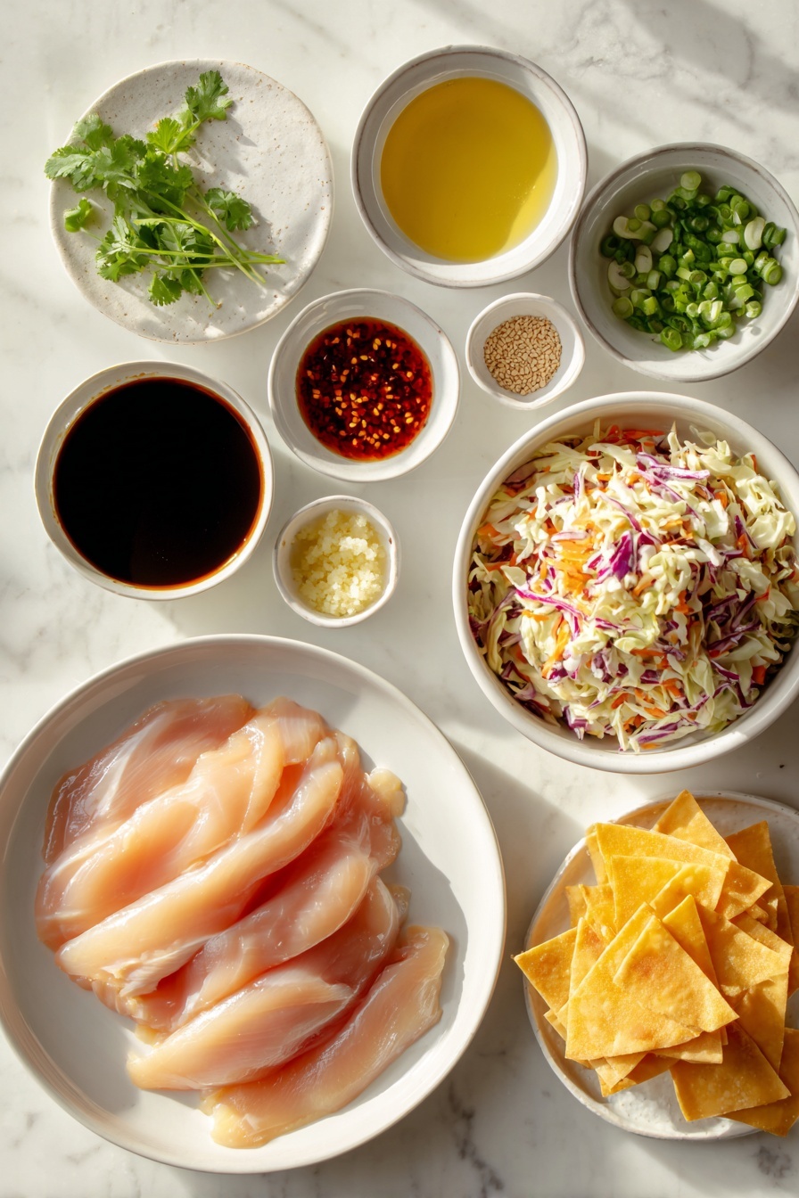 Chicken Wonton Tacos with Asian Slaw, easy Asian taco recipes, flavorful chicken tacos, crispy wonton shell tacos, quick weeknight dinner ideas - Flat lay of fresh thinly sliced raw chicken breasts arranged neatly on a simple white ceramic plate, a small white bowl with dark glossy teriyaki sauce, a small white bowl holding golden sesame oil, a small white bowl filled with low sodium soy sauce, a few minced fresh garlic cloves next to a tiny heap of minced fresh ginger root, a simple white ceramic bowl containing a colorful mix of fresh coleslaw with shredded cabbage and carrots, a small white bowl with diced green onions, another small white bowl with clear rice vinegar, a small white bowl of golden honey, a stack of square golden wonton wrappers arranged in a fan shape on a plain white ceramic plate, a small white bowl with bright red sweet chili sauce, a few scattered shiny sesame seeds, and fresh sprigs of chopped vibrant green cilantro placed artfully, all placed on a clean white marble surface, soft natural light, photo taken with an iPhone, professional food photography style, fresh ingredients, white ceramic bowls, no bottles, no duplicates, no utensils, no packaging --ar 2:3 --v 7 --p m7354615311229779997