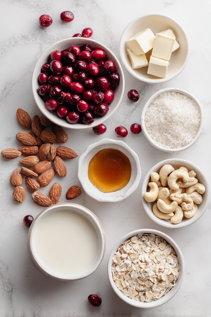 Cranberry White Chocolate Tart, Cranberry White Chocolate Tart Recipe, Holiday Cranberry Tart, White Chocolate Cranberry Dessert, Elegant Tart Recipes - Flat lay of a small white ceramic bowl filled with fresh whole cranberries, a handful of whole raw almonds, a small white ceramic bowl of solid coconut oil, a small white ceramic bowl of amber maple syrup, a small mound of gluten-free oats, a small white ceramic bowl of creamy cashew milk, a small pile of raw cashews (soaked, plump and fresh), a few pieces of solid white vegan chocolate, and a small white ceramic bowl of finely powdered agar agar, all arranged in perfect symmetry on a clean white marble surface, soft natural light, photo taken with an iPhone, professional food photography style, fresh ingredients, white ceramic bowls, no bottles, no duplicates, no utensils, no packaging --ar 2:3 --v 7 --p m7354615311229779997