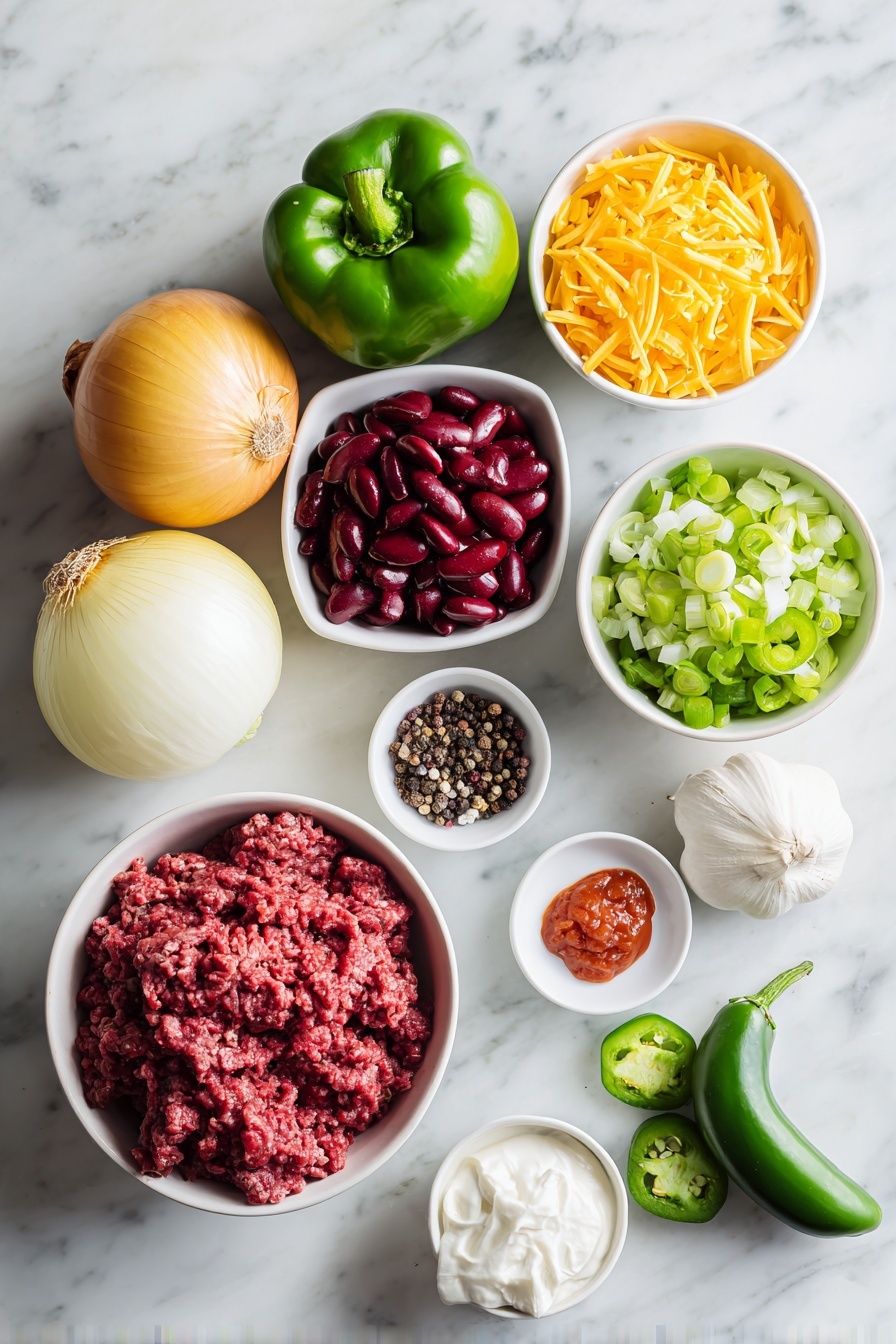 Slow Cooker Beef Chili, beef chili recipes, easy slow cooker chili, hearty beef chili, crowd-pleasing chili - Flat lay of fresh lean ground beef in a simple white ceramic bowl, two medium yellow onions peeled and whole, one medium bright green bell pepper whole, two garlic cloves unpeeled, small white ceramic bowls each with deep red kidney beans, diced fresh red tomatoes, smooth red tomato sauce, and vibrant chili powder, whole black peppercorns and coarse sea salt scattered neatly, small white bowl of shredded bright orange cheddar cheese, thinly sliced fresh green onions, thin slices of glossy green jalapeno peppers, and a dollop of creamy white sour cream on a simple white ceramic dish, all arranged in perfect symmetry, placed on a clean white marble surface, soft natural light, photo taken with an iPhone, professional food photography style, fresh ingredients, white ceramic bowls, no bottles, no duplicates, no utensils, no packaging --ar 2:3 --v 7 --p m7354615311229779997