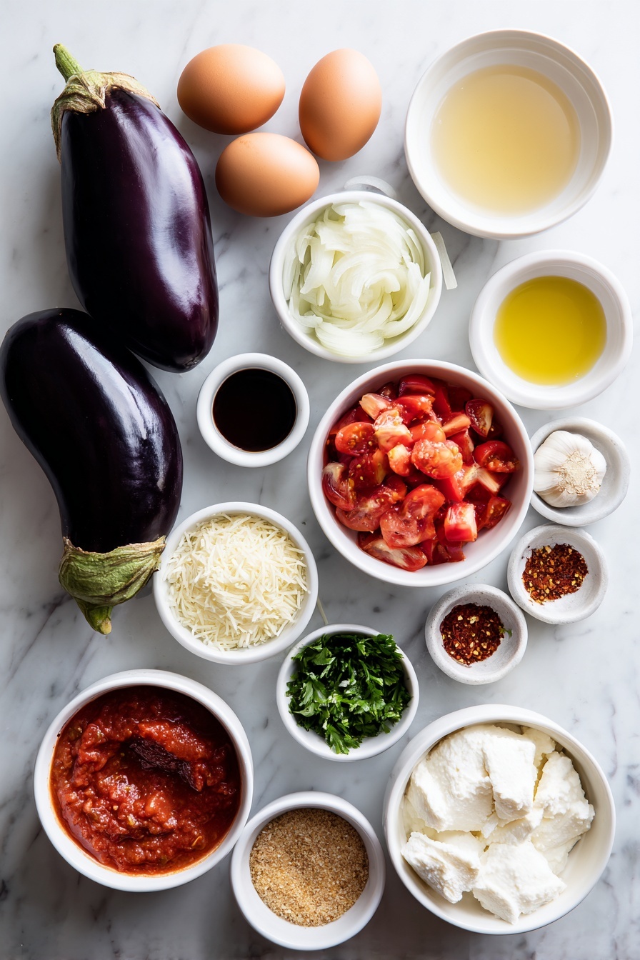 Eggplant Rollatini with Tomato Sauce, Eggplant Rollatini, Italian Eggplant Appetizer, Baked Eggplant Ribbons, Cheese and Tomato Eggplant Dish - Flat lay of a large glossy purple eggplant sliced lengthwise, three whole brown eggs with clean shells, a small white ceramic bowl of golden olive oil, a small white ceramic bowl filled with finely chopped bright white onion, two peeled garlic cloves, a small white ceramic bowl of deep red tomato sauce, a small white ceramic bowl of vibrant red diced tomatoes with seeds visible, a small white ceramic bowl of light golden chicken broth, a small white ceramic bowl of thick dark red tomato paste, a small pile of finely minced fresh parsley leaves, a small white ceramic bowl of white ricotta cheese with a creamy texture, a small white ceramic bowl with shredded pale yellow part-skim mozzarella, a small white ceramic bowl of finely grated Parmesan cheese, a small white ceramic bowl of light brown seasoned bread crumbs, and a small white ceramic bowl of crushed red pepper flakes, all arranged in perfect symmetry on a clean white marble surface, soft natural light, photo taken with an iPhone, professional food photography style, fresh ingredients, white ceramic bowls, no bottles, no duplicates, no utensils, no packaging --ar 2:3 --v 7 --p m7354615311229779997