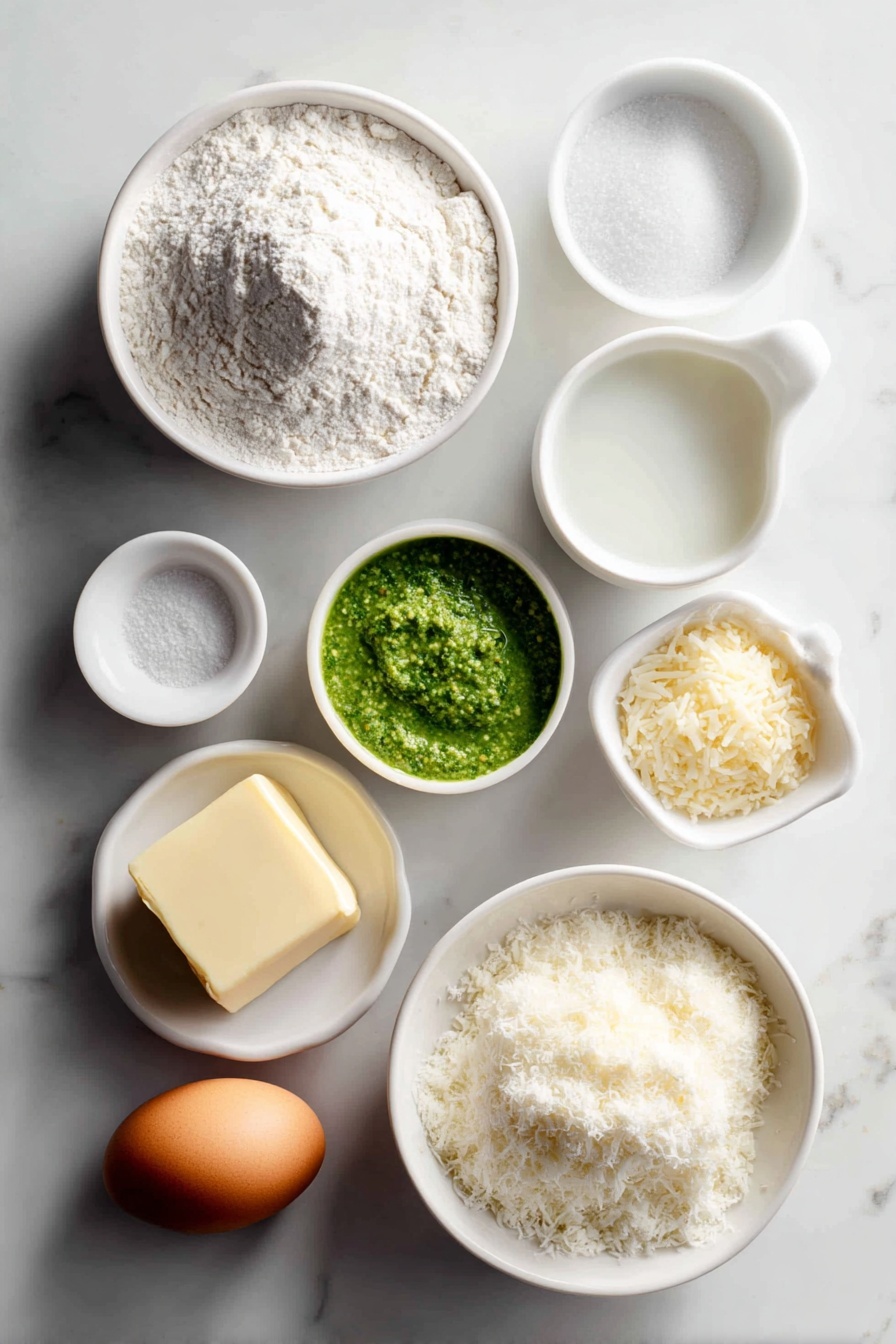 Pesto Star Bread with Parmesan, pesto bread, Parmesan bread recipe, star bread, Italian savory bread - Flat lay of a small mound of all purpose flour, a small pile of instant mashed potato flakes, a small heap of granulated sugar, a pinch of coarse salt crystals, a small white ceramic bowl with warm whole milk, a small white ceramic bowl containing instant yeast granules, a cube of unsalted butter, a small white ceramic bowl filled with bright green pesto sauce, a small white ceramic bowl with freshly grated Parmesan cheese, and one whole, uncracked brown egg, all arranged in perfect symmetry on a clean white marble surface, soft natural light, photo taken with an iPhone, professional food photography style, fresh ingredients, white ceramic bowls, no bottles, no duplicates, no utensils, no packaging --ar 2:3 --v 7 --p m7354615311229779997