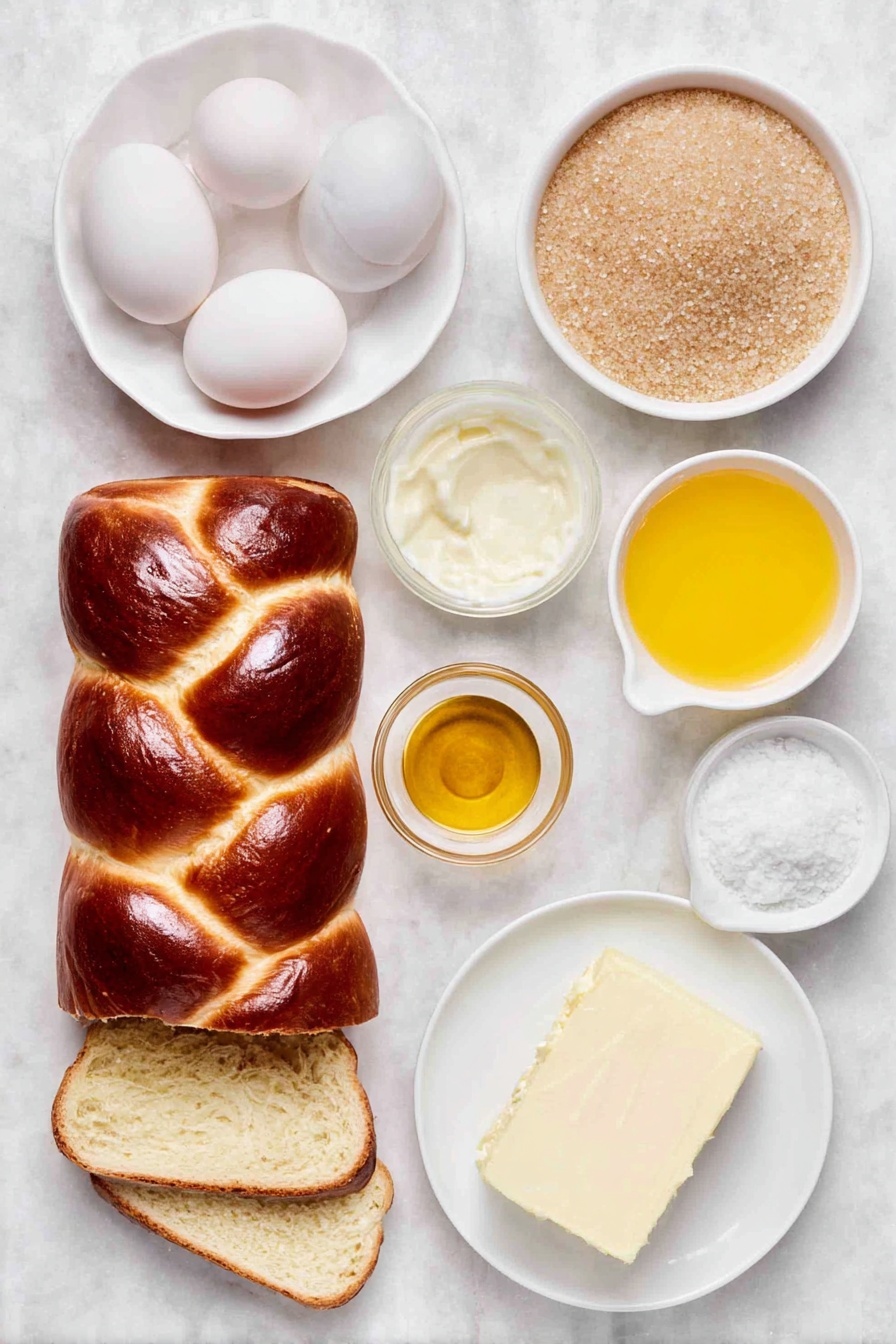 Brioche French Toast Casserole with Orange, orange breakfast casserole, French toast bake with orange, breakfast casserole with citrus, holiday brunch casserole - Flat lay of a thick loaf of brioche bread sliced into triangles arranged neatly, four large clean eggs with uncracked shells, a small white ceramic bowl filled with light brown sugar crystals, a few fresh orange zests curled beside a small white bowl of bright orange juice, a small white bowl holding golden vanilla extract, a tiny pile of fine salt grains, a small white bowl of creamy milk, a smooth pat of pale butter on a simple white dish, and a small white bowl containing coarse demerara sugar crystals, all placed on a clean white marble surface, soft natural light, photo taken with an iPhone, professional food photography style, fresh ingredients, white ceramic bowls, no bottles, no duplicates, no utensils, no packaging --ar 2:3 --v 7 --p m7354615311229779997