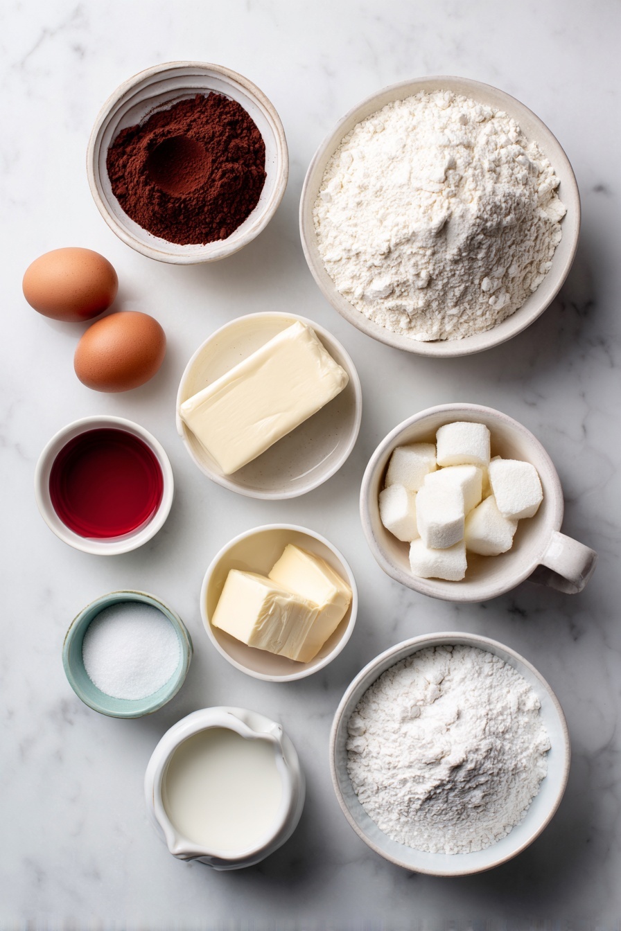 Red Velvet Crinkle Cookies, Red Velvet Cookies Recipe, Best Red Velvet Cookies, Easy Red Velvet Cookies, Holiday Red Velvet Cookies - Flat lay of three cups of all-purpose flour in a simple white ceramic bowl, a small white bowl with unsweetened cocoa powder, a small white bowl with baking powder, a small white bowl with baking soda, a small white bowl with salt, a portion of unsalted butter softened as a whole block, a small white ceramic bowl filled with granulated sugar, three whole brown eggs with clean shells, a small white bowl with milk, a small white bowl with vanilla extract, a small white bowl with vibrant red food coloring, a small white bowl filled with powdered sugar, all ingredients fresh and natural, perfectly arranged with balanced symmetry in a professional flat lay, placed on a clean white marble surface, soft natural light, photo taken with an iPhone, professional food photography style, fresh ingredients, white ceramic bowls, no bottles, no duplicates, no utensils, no packaging --ar 2:3 --v 7 --p m7354615311229779997