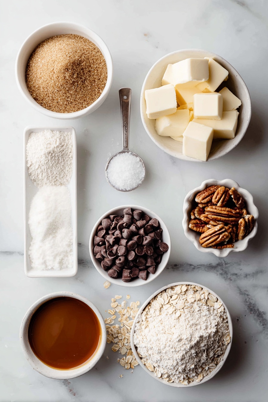 Chocolate Caramel Oat Bars, easy oat caramel bars, decadent chocolate caramel dessert, homemade oat bars, chewy caramel chocolate bars - Flat lay of a small mound of all-purpose flour, a small white ceramic bowl filled with quick-cooking oats, a small white bowl with packed brown sugar, a teaspoon of baking soda in a neat pile, a small heap of salt, several cold butter cubes arranged neatly, a small white bowl of semisweet chocolate chips, a small white bowl of chopped pecans, and a small white bowl of smooth caramel sauce, all ingredients fresh and natural, placed on a clean white marble surface, soft natural light, photo taken with an iPhone, professional food photography style, fresh ingredients, white ceramic bowls, no bottles, no duplicates, no utensils, no packaging --ar 2:3 --v 7 --p m7354615311229779997