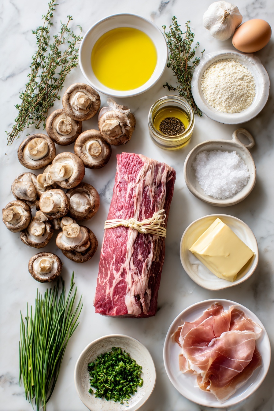 Beef Wellington, Beef Wellington recipe, elegant main course, beef tenderloin wrapped in puff pastry, gourmet dinner ideas - Flat lay of a whole center-cut beef tenderloin tied with butcher’s twine, a small mound of kosher salt crystals, a small pile of freshly ground black pepper, a small white ceramic bowl of golden olive oil, a small white ceramic bowl of pale yellow Dijon mustard, a mix of fresh button, cremini, shiitake, and portobello mushrooms roughly chopped, two medium shallots roughly chopped, a few fresh thyme sprigs with bright green leaves, four whole garlic cloves with skins on, a small white ceramic bowl of salted butter, twelve thin slices of pink prosciutto arranged overlapping, a neat pile of white all-purpose flour, a sheet of thawed pale yellow puff pastry, one whole uncracked large brown egg, a small heap of coarse flaky sea salt crystals, and a bunch of fresh finely minced chives with bright green stems—all arranged symmetrically on simple white ceramic dishes and plates—placed on a clean white marble surface, soft natural light, photo taken with an iPhone, professional food photography style, fresh ingredients, white ceramic bowls, no bottles, no duplicates, no utensils, no packaging --ar 2:3 --v 7 --p m7354615311229779997