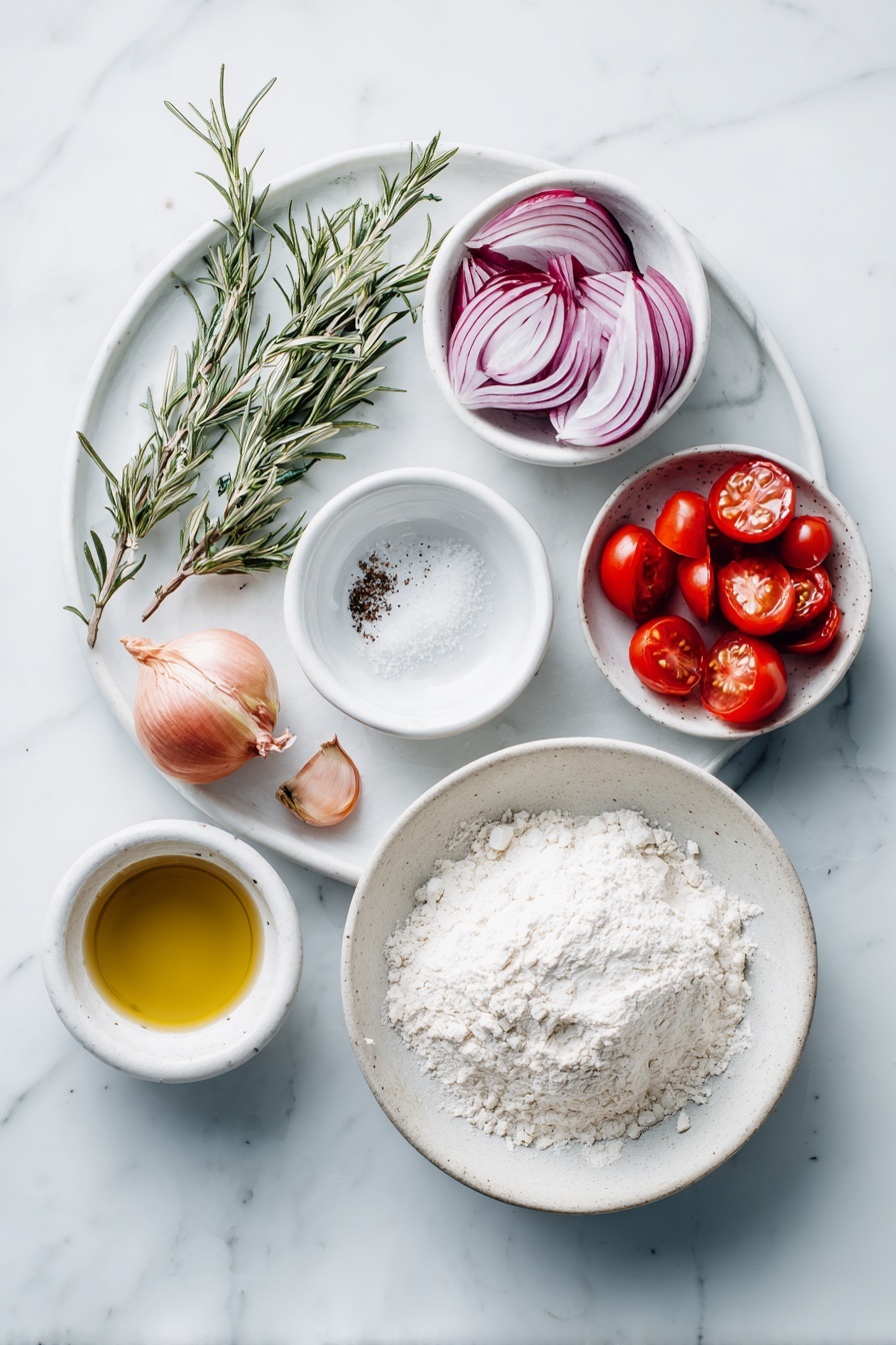 Christmas Tree Focaccia, festive bread recipe, holiday focaccia bread, Christmas bread ideas, easy holiday baking - Flat lay of a small mound of bread flour on a simple white ceramic plate, a small white bowl with active dry yeast powder, a few coarse salt crystals scattered on a second small white bowl, a clear small white bowl of warm water, fresh whole pearl onions halved, bright red cherry tomatoes halved, thin slices of red onion arranged in a delicate fan, thin slices of fresh pear, fresh green rosemary sprigs artfully arranged, a small white bowl filled with golden olive oil all placed with perfect symmetry on a clean white marble surface, soft natural light, photo taken with an iPhone, professional food photography style, fresh ingredients, white ceramic bowls, no bottles, no duplicates, no utensils, no packaging --ar 2:3 --v 7 --p m7354615311229779997
