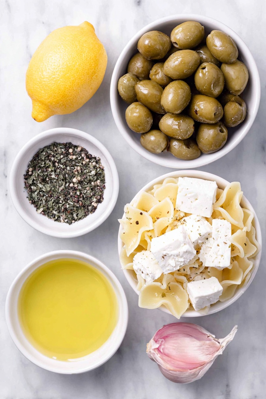 Dirty Martini Pasta Salad, pasta salad with olive brine, gourmet pasta salad, easy cocktail-inspired pasta dish, savory pasta salad recipes - Flat lay of cooked mafalda corta pasta, a small pile of roughly chopped large green olives, cubed feta cheese, a small white bowl of extra virgin olive oil, a small white bowl of olive brine, a whole unpeeled clove of fresh garlic, a whole fresh lemon, a small white bowl of freshly cracked black pepper placed on a clean white marble surface, soft natural light, photo taken with an iPhone, professional food photography style, fresh ingredients, white ceramic bowls, no bottles, no duplicates, no utensils, no packaging --ar 2:3 --v 7 --p m7354615311229779997