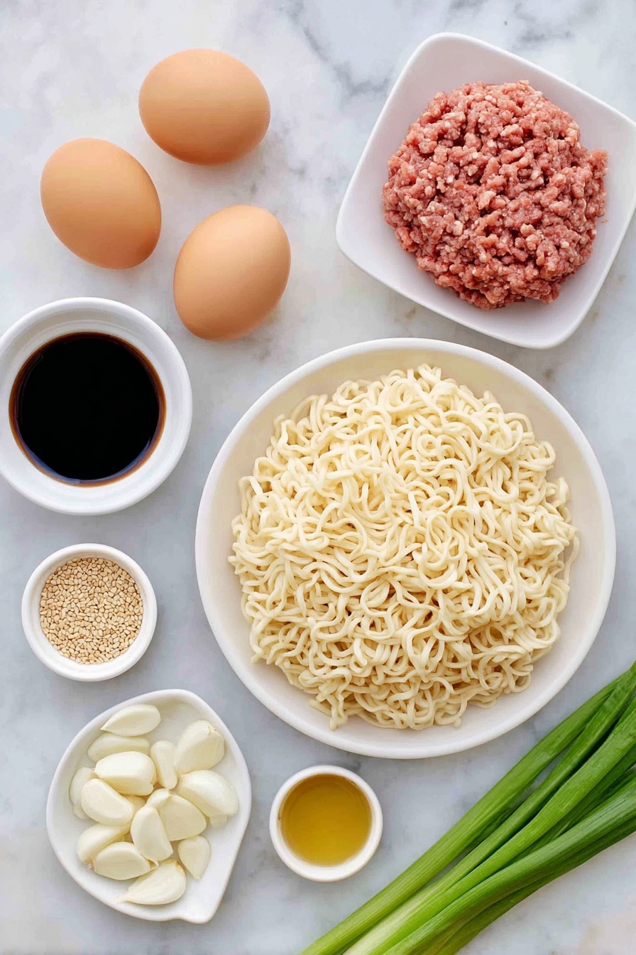 Quick Asian Beef Ramen Noodles, Asian beef ramen recipe, easy beef ramen, speedy ramen dinner, flavorful beef noodle bowl - Flat lay of fresh thin ramen noodles arranged in a small white ceramic bowl, two whole uncracked brown eggs, a small white bowl filled with dark soy sauce, a small white bowl with oyster sauce, a small white bowl with mirin, a small white bowl containing golden toasted sesame oil, fresh whole garlic cloves with papery skins intact, half a white onion sliced thinly, a handful of fresh crisp bean sprouts, a small bunch of finely sliced green onions, a small pile of natural sesame seeds, and a portion of raw ground beef formed neatly on a simple white ceramic plate, placed on a clean white marble surface, soft natural light, photo taken with an iPhone, professional food photography style, fresh ingredients, white ceramic bowls, no bottles, no duplicates, no utensils, no packaging --ar 2:3 --v 7 --p m7354615311229779997