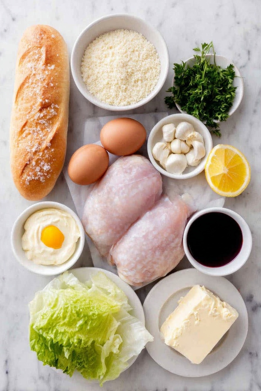 Crispy Chicken Caesar Sandwich, Chicken Caesar Sandwich, Easy Caesar Sandwich, Crispy Chicken Sandwich Recipe, Delicious Chicken Sandwich - Flat lay of two whole raw chicken breasts, one whole uncracked brown egg, a small white bowl filled with panko breadcrumbs, a small white bowl filled with regular breadcrumbs, a small white bowl with slightly melted salted butter, a small white bowl of creamy mayonnaise, three peeled garlic cloves and a few minced garlic pieces beside them, a small bunch of fresh flat-leaf parsley with some leaves chopped, a small white bowl of finely grated Parmesan cheese, a small white bowl of sour cream or Greek yogurt, a fresh lemon cut in half with one half showing juice droplets, a small white bowl of Dijon mustard, a small white bowl with anchovy paste dollop, a small white bowl with Worcestershire sauce, a few green romaine lettuce leaves loosely stacked, and one whole uncut hoagie roll, all arranged symmetrically on a simple white ceramic plates and bowls, placed on a clean white marble surface, soft natural light, photo taken with an iPhone, professional food photography style, fresh ingredients, white ceramic bowls, no bottles, no duplicates, no utensils, no packaging --ar 2:3 --v 7 --p m7354615311229779997