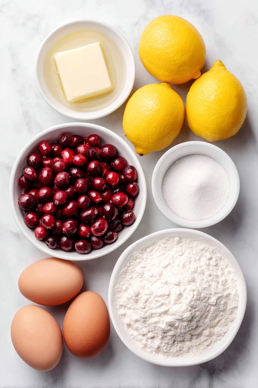 Cranberry Lemon Bars, cranberry tart dessert, lemon bars with cranberries, holiday fruit bars, easy citrus dessert - Flat lay of fresh whole cranberries scattered beside a small white bowl of clear water, a small white bowl filled with granulated sugar, a stick of unsalted butter partially melted on a simple white ceramic plate, a small white bowl holding all-purpose flour, three whole uncracked brown eggs, three fresh whole lemons with one cut in half, a small white bowl containing pale lemon juice, and a smaller white bowl with fine white powdered sugar, all arranged in perfect symmetry on a clean white marble surface, soft natural light, photo taken with an iPhone, professional food photography style, fresh ingredients, white ceramic bowls, no bottles, no duplicates, no utensils, no packaging --ar 2:3 --v 7 --p m7354615311229779997