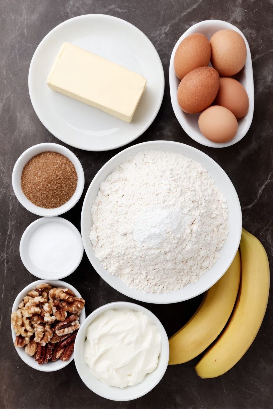Moist Banana Bread, easy banana bread recipe, soft banana bread, banana bread with ripe bananas, tender banana bread - Flat lay of a stick of softened butter on a simple white ceramic plate, two whole uncracked brown eggs, a small white bowl of packed brown sugar, a small white bowl of white granulated sugar, two medium ripe bananas peeled and sliced, a small white bowl of all-purpose flour, a small white bowl of finely ground old fashioned oats, a small white bowl of sour cream, a small white bowl of golden baking powder, a small white bowl of light beige baking soda powder, a small white bowl of coarse kosher salt crystals, a small white bowl with ground cinnamon, a small white bowl with ground nutmeg, a small white bowl with ground cloves, a small white ceramic dish of chopped toasted walnuts and pecans mixed together — all ingredients fresh and natural, arranged in perfect symmetry, realistic proportions, placed on a clean white marble surface, soft natural light, photo taken with an iPhone, professional food photography style, fresh ingredients, white ceramic bowls, no bottles, no duplicates, no utensils, no packaging --ar 2:3 --v 7 --p m7354615311229779997