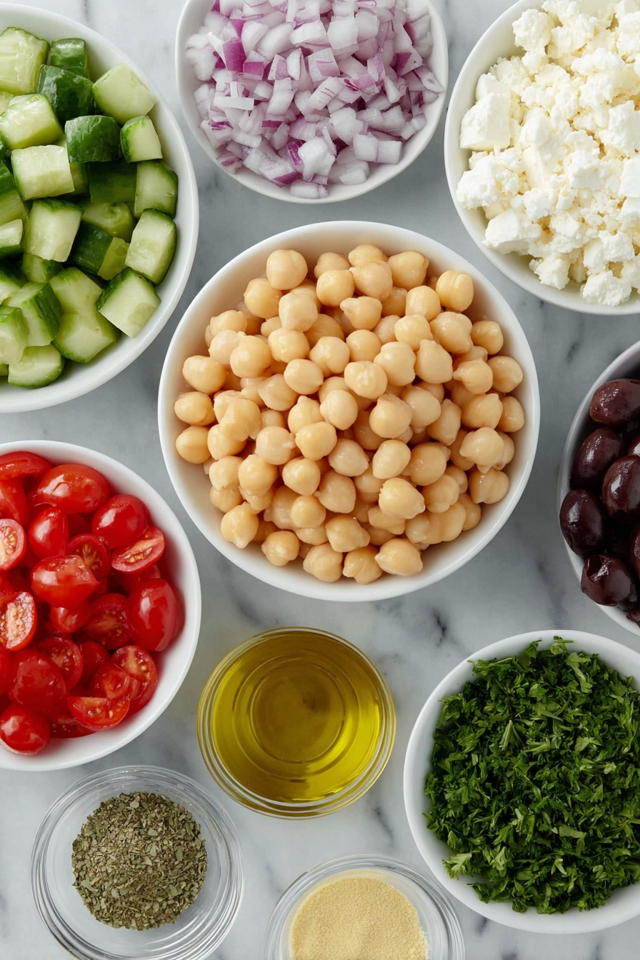 Mediterranean Chickpea Salad, healthy Mediterranean salad, quick vegetarian meals, easy chickpea salad, colorful veggie salad - Flat lay of a small white ceramic bowl filled with fresh, plump chickpeas, a small white ceramic bowl of chopped cucumber, a small white ceramic bowl of halved cherry tomatoes, a small white ceramic bowl holding diced red bell pepper, a small white ceramic bowl with sliced deep purple kalamata olives, a small white ceramic bowl containing finely chopped red onion, a small white ceramic bowl of crumbled white feta cheese, a small white ceramic bowl with chopped fresh green parsley, a small white ceramic bowl of golden extra virgin olive oil, a small white ceramic bowl of deep red wine vinegar, a small white ceramic bowl holding smooth pale yellow Dijon mustard powder, and small white ceramic bowls with dried oregano, garlic powder, kosher salt, and ground black pepper, all ingredients arranged symmetrically and balanced, placed on a clean white marble surface, soft natural light, photo taken with an iPhone, professional food photography style, fresh ingredients, white ceramic bowls, no bottles, no duplicates, no utensils, no packaging --ar 2:3 --v 7 --p m7354615311229779997