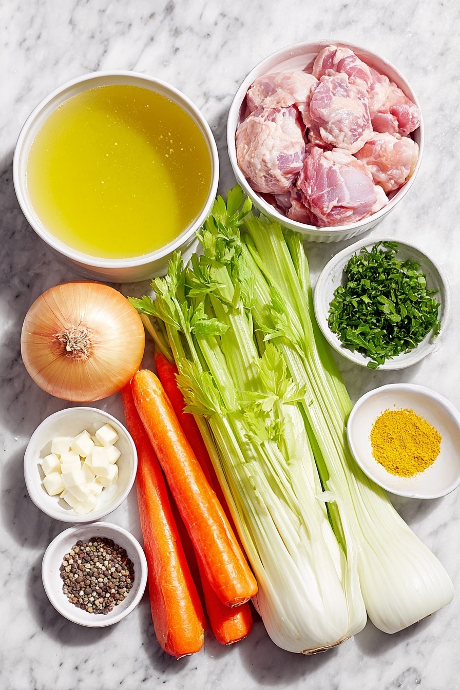 Turmeric Chicken Soup with Coconut Milk, turmeric chicken soup, coconut milk soup recipes, healthy chicken soup, cozy comfort soups - Flat lay of a small white ceramic bowl of golden olive oil, a whole medium onion with papery skin, a large leek cut lengthwise showing white and light green layers, three vibrant orange carrots sliced into rounds, three bright green celery stalks sliced thin, three whole garlic cloves peeled, a small white bowl of bright yellow turmeric powder, a small white bowl with mixed poultry seasoning, a simple white ceramic bowl filled with rich golden chicken broth, a small white bowl of creamy white coconut milk, two raw boneless skinless chicken thighs, a small white bowl of fresh bright green parsley leaves, a small white bowl of coarse kosher salt crystals, and a small white bowl of cracked black peppercorns, all arranged with perfect symmetry on a clean white marble surface, soft natural light, photo taken with an iPhone, professional food photography style, fresh ingredients, white ceramic bowls, no bottles, no duplicates, no utensils, no packaging --ar 2:3 --v 7 --p m7354615311229779997