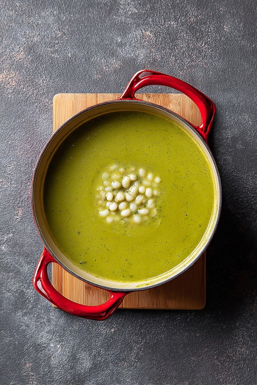 Chicken Pozole Verde Soup, Mexican green pozole, homemade pozole verde, hearty chicken soup, green pozole recipe - A round pot with shiny red handles holds a green soup that fills the pot almost to the top. On top of the soup, in the center, there is a layer of small, white, soft-looking balls. The pot is placed on a light wooden board, which sits on a dark gray textured surface. The image is taken from above showing the whole pot clearly photo taken with an iphone --ar 2:3 --v 7