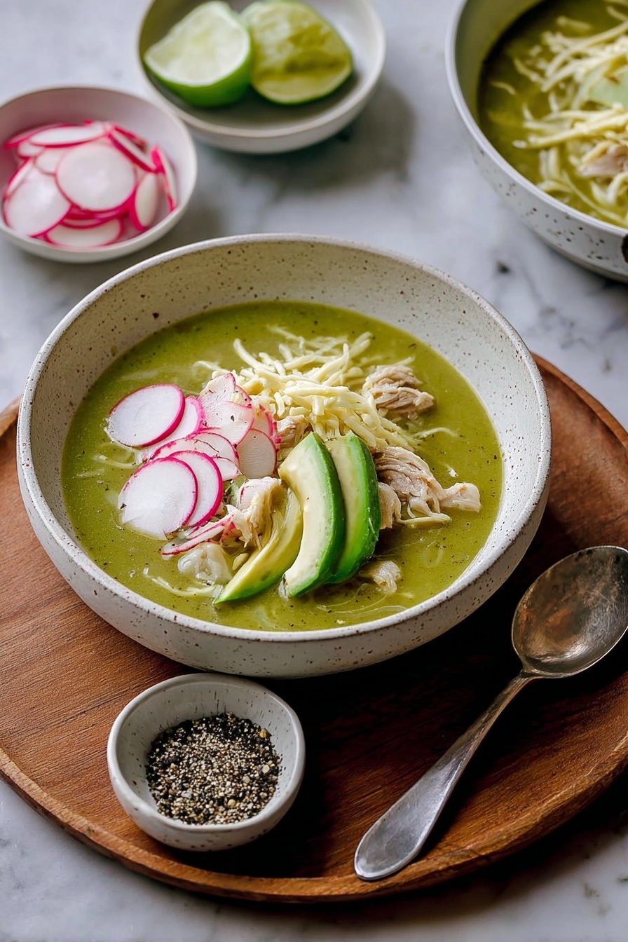 Chicken Pozole Verde Soup, Mexican green pozole, homemade pozole verde, hearty chicken soup, green pozole recipe - The image shows a bowl of green soup with three main layers: the base is a smooth, green broth that fills the bowl; on top, there are thin, pale yellow shredded pieces and small chunks of light beige meat; arranged on top in a neat row are thin white radish slices with pink edges, and slices of light green avocado with a creamy texture. The bowl is white with a speckled pattern and sits on a wooden board. Around it, there is a small bowl of black and white pepper on the board, a silver spoon below it, and in the background, a white bowl of thin radish slices and another white bowl with lime wedges, all placed on a white marbled surface. Photo taken with an iphone --ar 2:3 --v 7