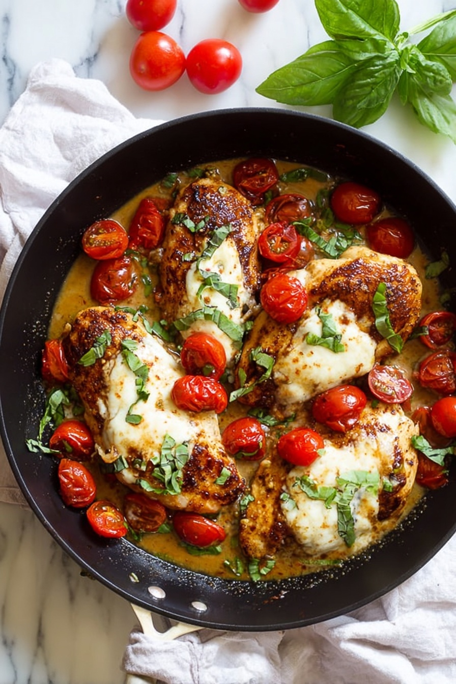 Balsamic Chicken with Tomato Mozzarella, Balsamic Chicken, Easy Balsamic Chicken recipe, One-pan Chicken dinner, Tomato Mozzarella chicken - A black skillet holds four brown, cooked chicken fillets layered with melted white cheese on top. Around and on the chicken are bright red cherry tomatoes, some whole and some sliced in halves, mixed with green basil leaves. The chicken sits in a light brown sauce that fills the skillet. The skillet rests on a white marbled surface with a white cloth underneath and fresh red tomatoes and green basil leaves are visible at the top corner. Photo taken with an iphone --ar 2:3 --v 7