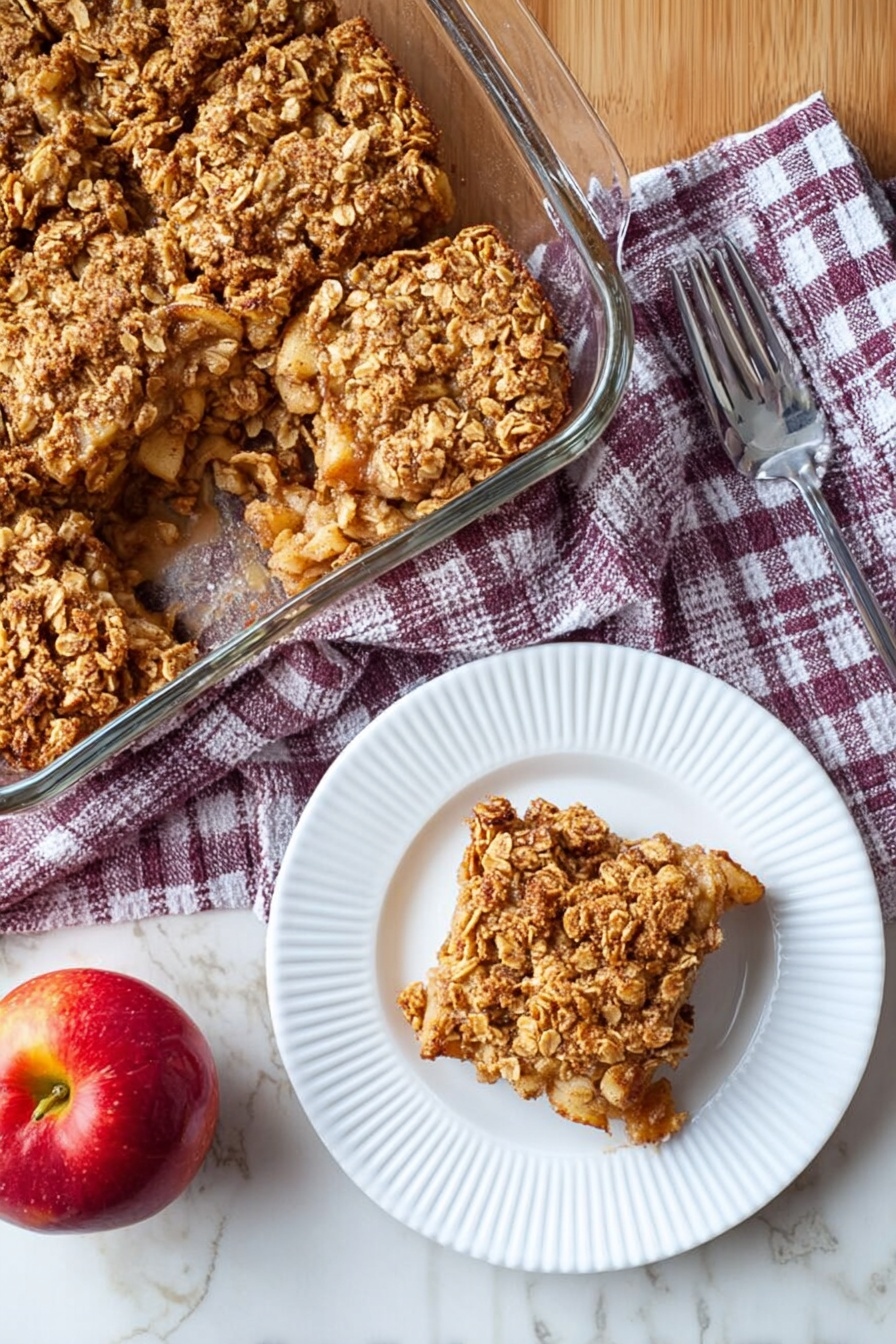 Apple Cinnamon Baked Oatmeal, healthy baked oatmeal, cozy breakfast recipes, easy baked oatmeal with apples, cinnamon oatmeal breakfast - A glass baking dish filled with a baked oat and apple square dessert, showing a textured, golden-brown crumbly oat topping with pieces of apple visible inside. One square is placed on a white plate with ridged edges to the right, showing the same oat and apple mix with a slightly rough top. A silver fork rests above the plate on a wooden table. A folded purple and white checkered cloth is placed between the plate and the glass dish. A red apple sits below the cloth near the bottom edge. The background surface is a white marbled texture. Photo taken with an iphone --ar 2:3 --v 7