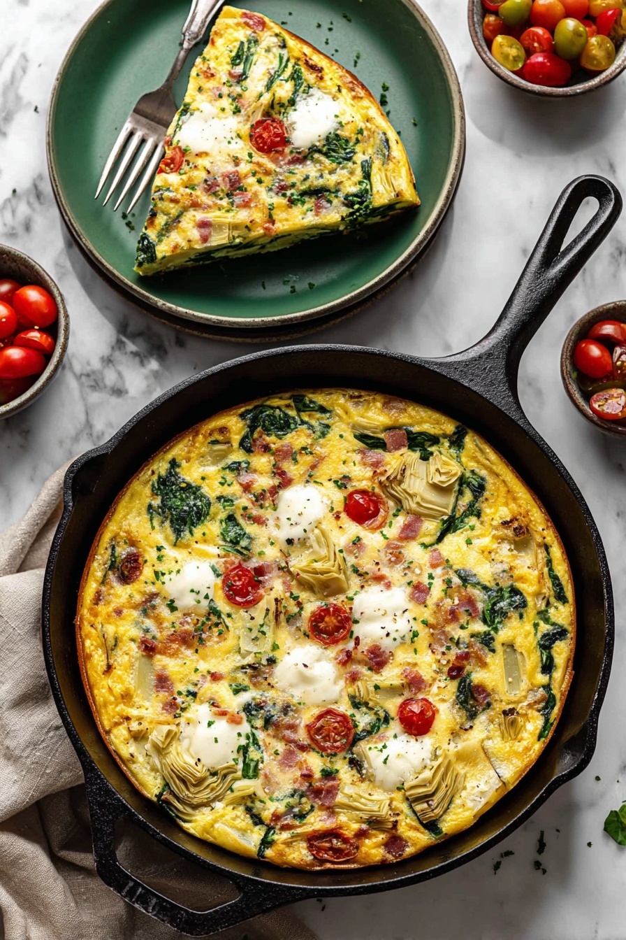 Vegetable Frittata, vegetable frittata recipe, healthy breakfast ideas, cheesy vegetable frittata, easy brunch recipes - A round frittata in a black cast iron skillet with a slice removed, showing 3 main layers: a yellow egg base with green spinach leaves mixed in, red cherry tomatoes scattered within, and white dollops of cheese on top, along with pieces of light brown artichoke hearts and pinkish prosciutto. The slice sits on a green plate, showing the same layers with visible fluffy texture and melted cheese. All set on a white marbled surface with a fork beside the skillet and some small bowls of cherry tomatoes and greens nearby. Photo taken with an iphone --ar 2:3 --v 7