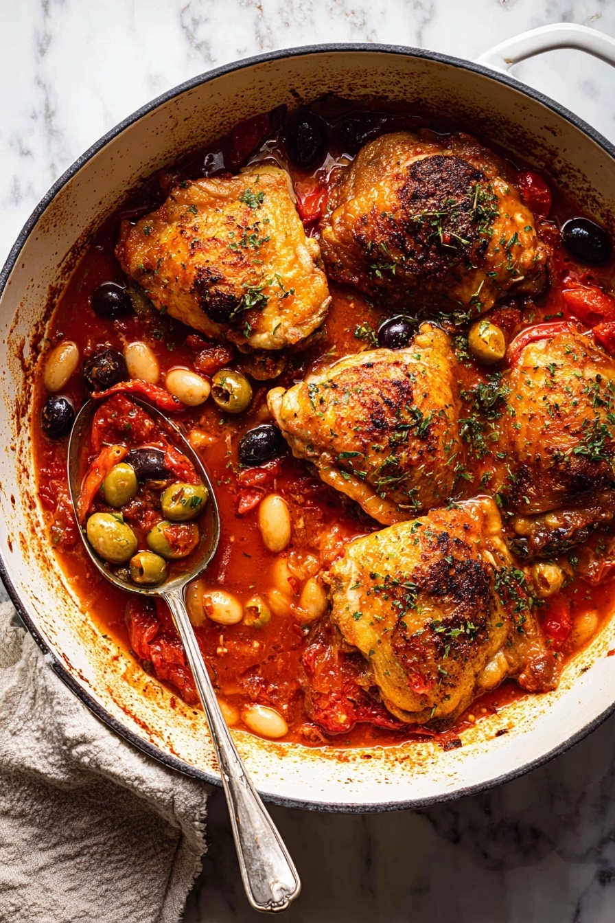 Spanish Chicken in Bravas Sauce, Spanish chicken recipe, Bravas sauce chicken, Spanish-inspired chicken dish, flavorful chicken dinner - The image shows a white pot filled with five browned chicken thighs on top of a thick, red tomato sauce. The sauce contains white beans, whole green and black olives, and slices of red pepper, all mixed evenly around the chicken. The chicken skin is golden and crispy with some sprinkled green herbs on top. One silver spoon scoops up some sauce with beans and olives, resting near the bottom left of the pot. The pot's edge is slightly stained with sauce, and the background has a white marbled texture. photo taken with an iphone --ar 2:3 --v 7