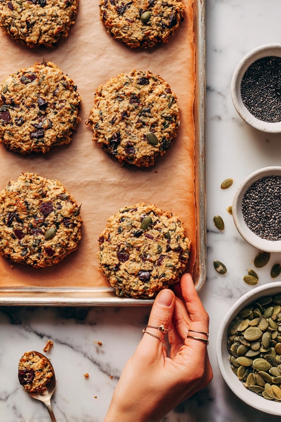 Quinoa Breakfast Cookies, healthy breakfast cookies, easy quinoa snack, wholesome breakfast treats, gluten-free breakfast ideas - There are several round cookies with a rough texture on a baking sheet lined with parchment paper. The cookies are golden brown with visible small dark brown chocolate chips, black and green seeds, and light grains mixed throughout. A woman's hand with thin rings is holding one cookie at the bottom right corner. To the right side of the baking sheet, some seeds and chocolate chips are scattered on a white marbled surface, along with two small white bowls filled with black seeds and green pumpkin seeds, and a small spoon with light seeds. photo taken with an iphone --ar 2:3 --v 7