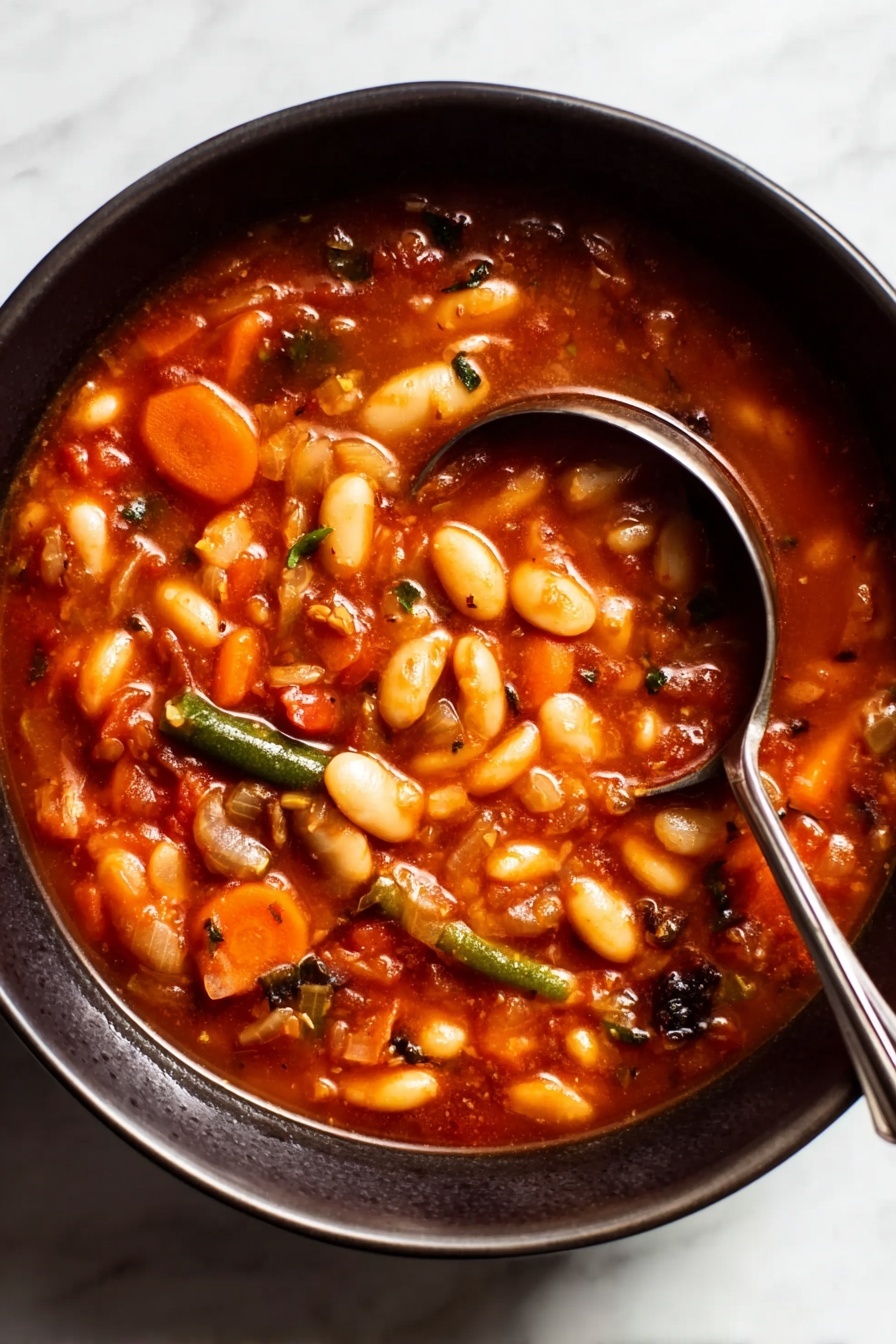 Hearty Minestrone Soup with Pasta and Beans, hearty minestrone soup, healthy vegetable soup, comforting Italian soup, easy minestrone recipe - A close-up view of a dark bowl filled with a thick soup that has many white beans, slices of orange carrots, and small pieces of green beans mixed in a rich, reddish-brown broth. The soup looks chunky with visible bits of vegetables and herbs throughout, giving it a hearty and comforting appearance. A shiny silver ladle with a long handle rests inside the bowl, partially submerged in the soup, with the handle leaning on the edge of the bowl. The bowl sits on a white marbled surface. Photo taken with an iphone --ar 2:3 --v 7