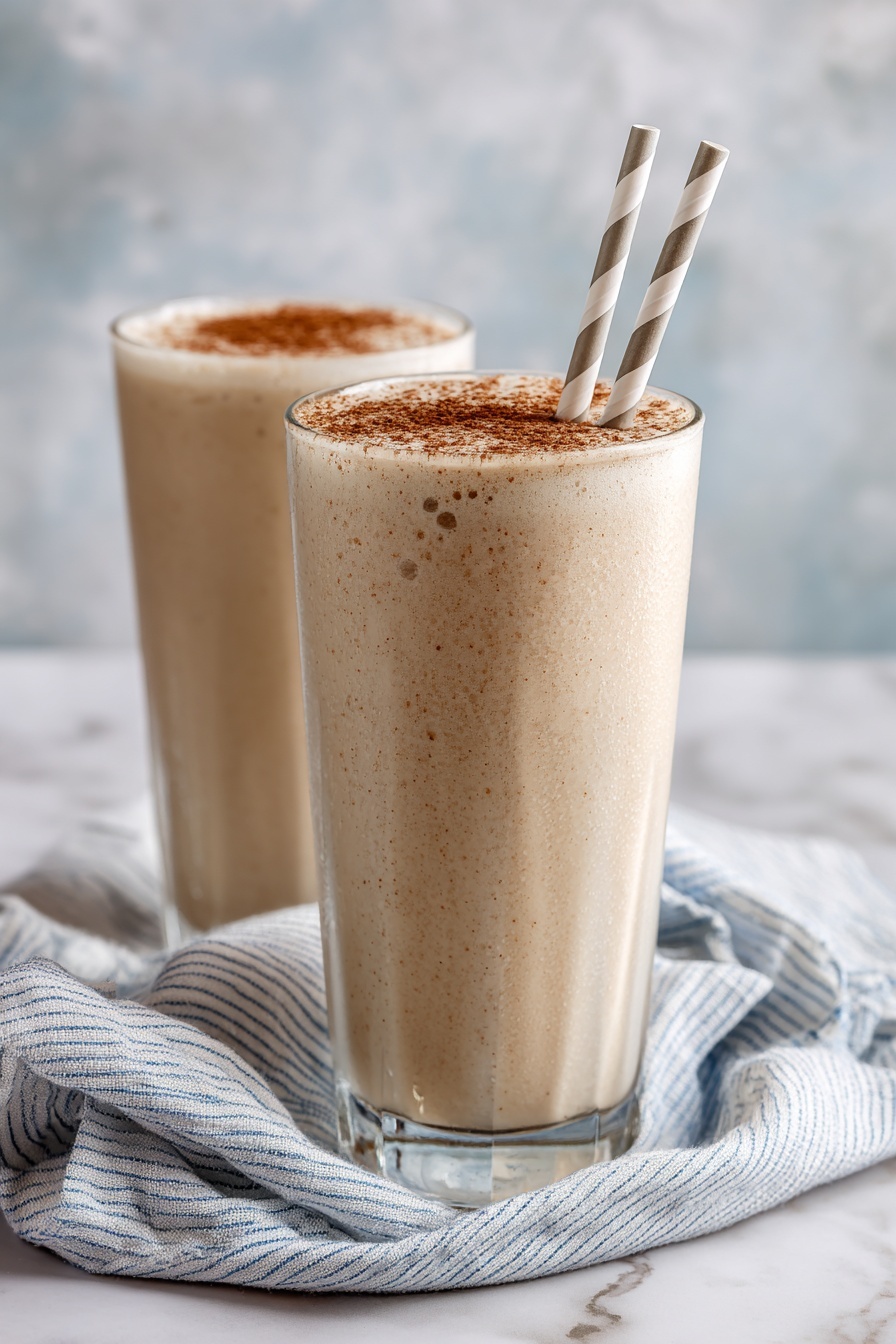 Vanilla Chai Protein Shake, Vanilla Chai Protein Shake recipe, healthy chai protein shake, easy vanilla protein smoothie, cozy chai protein drink - A tall clear glass filled with a beige creamy drink topped with a sprinkle of light brown powder. Two white and gray striped paper straws are placed vertically in the drink. The glass is set on a white marbled surface with a light blue cloth with white stripes loosely wrapped around the base. The background is soft and blurred with a mix of white and light blue colors. photo taken with an iphone --ar 2:3 --v 7