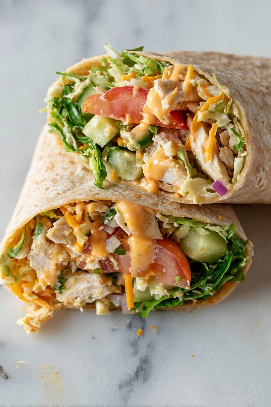 Grilled Chicken Wrap with BBQ and Coleslaw, easy grilled chicken wrap, BBQ chicken wrap recipe, healthy chicken wrap, flavorful lunch ideas - A close-up shows two pieces of a wrap cut in half and stacked on a white marbled surface, with the top half resting on the bottom half. The wrap has a light brown, soft texture outside. Inside, three main layers are visible: the first layer is chunks of tender, white cooked chicken; the second layer contains bright green shredded lettuce and slices of tomato with a fresh red-orange hue; the third layer has small bits of purple onion, green cucumber strips, and a creamy orange dressing that holds the ingredients together. The wrap is filled generously and looks fresh and colorful. Photo taken with an iphone --ar 2:3 --v 7