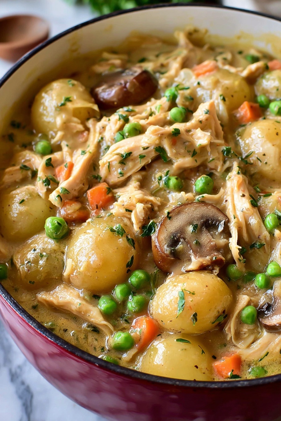 One Pot Gnocchi Chicken Pot Pie, easy chicken pot pie with gnocchi, comforting one pot chicken dinner, creamy chicken and gnocchi recipe, quick weeknight comfort food - The image shows a close-up of a red pot filled with thick chicken stew. The stew has multiple layers including shredded white chicken pieces, small round light yellow potatoes, sliced brown mushrooms, tiny orange carrot bits, and bright green peas. The stew sauce is creamy and light yellow, surrounding all the ingredients. The pot sits on a white marbled surface, and the stew looks rich and hearty. Photo taken with an iphone --ar 2:3 --v 7