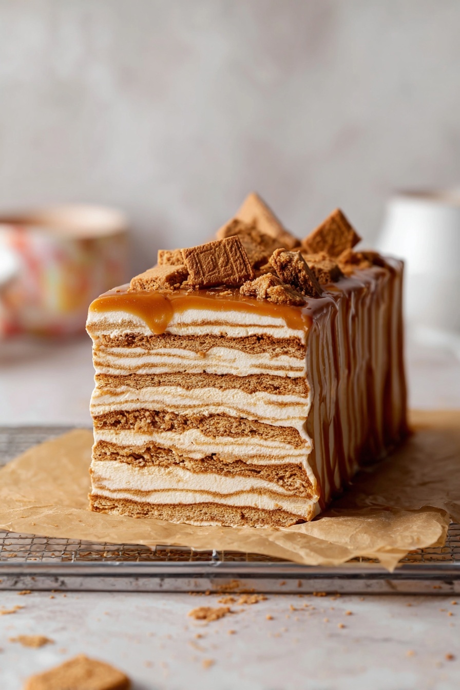 No-Bake Cookie Butter Icebox Cake, cookie butter dessert, no-bake layered cake, easy cookie butter recipes, no-bake icebox desserts - A slice of layered dessert with about six visible layers stands on brown parchment paper on a metal rack. Each layer alternates between light beige creamy filling and light brown biscuit layers, creating a striped effect. The top is covered with a smooth caramel-colored layer that drips slightly down the sides and is topped with broken pieces of biscuit in the same light brown color. The background features a white marbled texture with blurred objects in soft colors, enhancing the dessert's warm tones. photo taken with an iphone --ar 2:3 --v 7