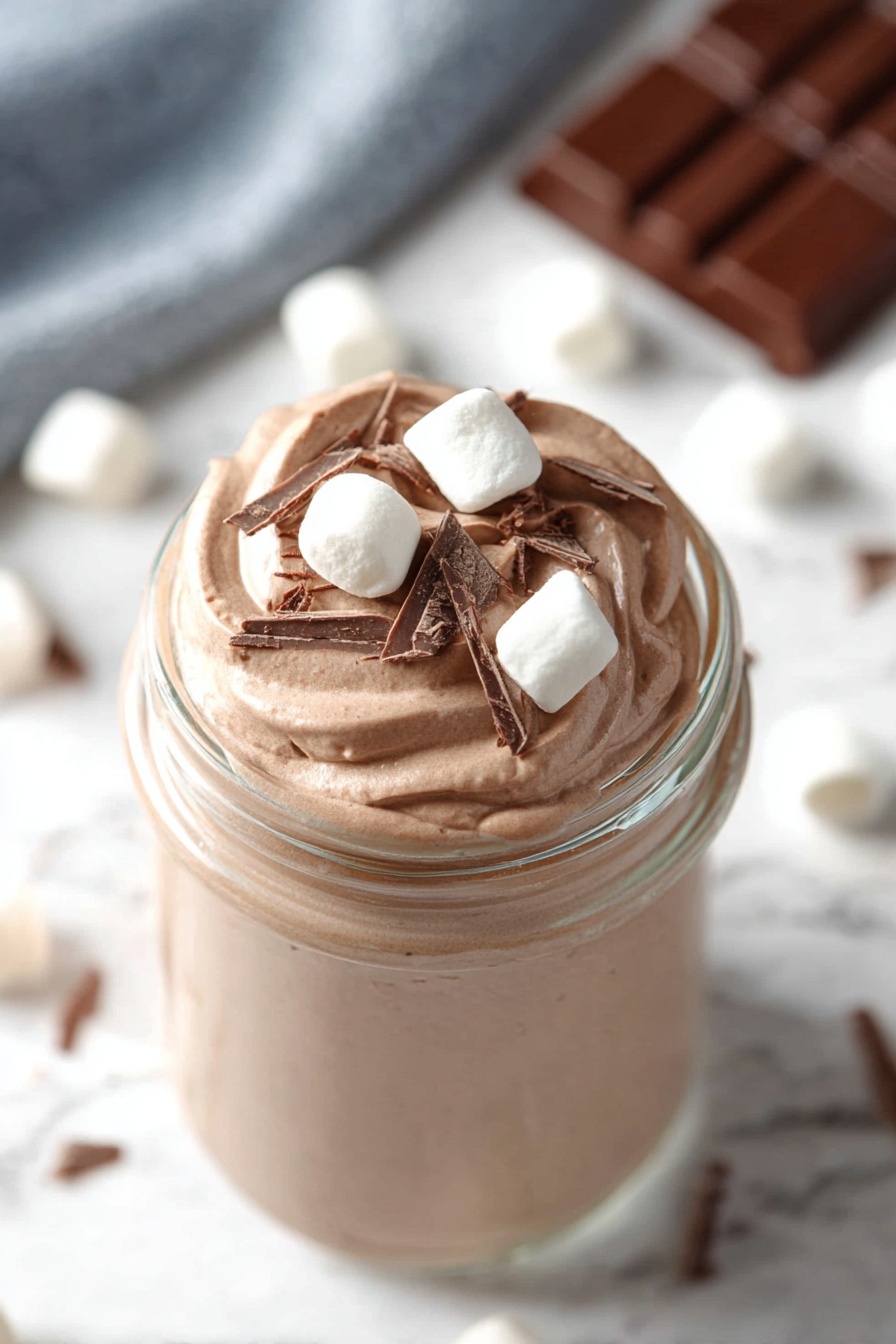 Whipped Hot Chocolate Drink, hot chocolate with whipped topping, cozy hot cocoa, quick hot chocolate recipe, indulgent winter drinks - The image shows a close-up of a clear jar filled with a smooth, light brown creamy mixture, topped with a swirl of whipped texture. On top are three small white marshmallows and some small chocolate shavings scattered over the surface of the cream. The jar is placed on a white marbled surface with blurred background details, creating a soft and inviting look. photo taken with an iphone --ar 2:3 --v 7
