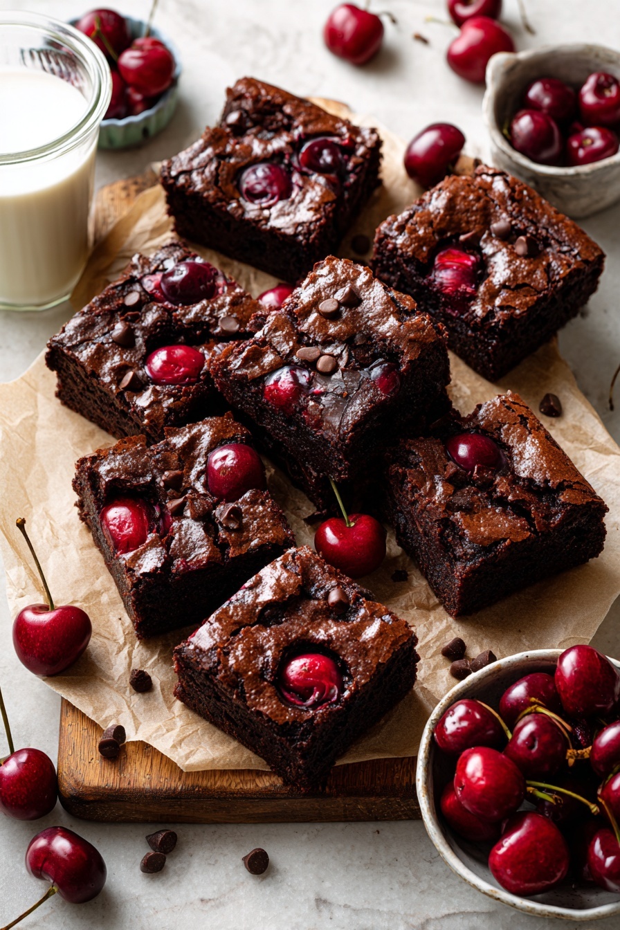 Chocolate Cherry Brownies, cherry brownies recipe, fudgy cherry chocolate brownies, roasted cherry brownies, easy cherry brownie dessert - Nine square pieces of dark brown chocolate brownies are placed on light brown parchment paper over a wooden board on a white marbled surface. The brownies have a chewy texture with visible shiny red cherries and scattered small chocolate chips on top. Around the board, dark red cherries with stems are scattered, and a white bowl filled with cherries is visible in the lower right corner. A small glass of milk is in the upper left corner. The overall look is rich and inviting with deep red and brown tones standing out against the light background. photo taken with an iphone --ar 2:3 --v 7