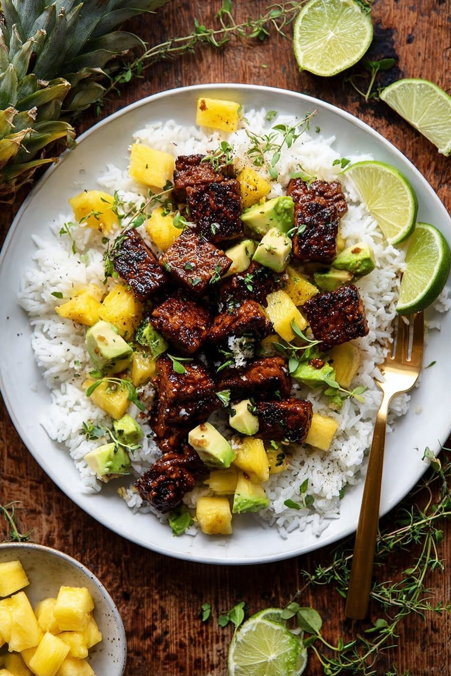 Quick Pineapple Chicken with Coconut Rice, tropical chicken dinner, easy pineapple chicken recipe, quick weeknight meals, coconut rice recipes - This dish shows a white plate filled with a base layer of fluffy white rice. On top, there are several pieces of dark brown glazed grilled meat, appearing shiny and well-cooked with a slightly caramelized texture. Scattered around the meat are bright yellow chunks of pineapple and small cubes of green avocado, adding fresh color contrast. Small sprigs of green herbs with tiny white flowers sit on top, adding detail and freshness. The background is a white marbled surface. photo taken with an iphone --ar 2:3 --v 7