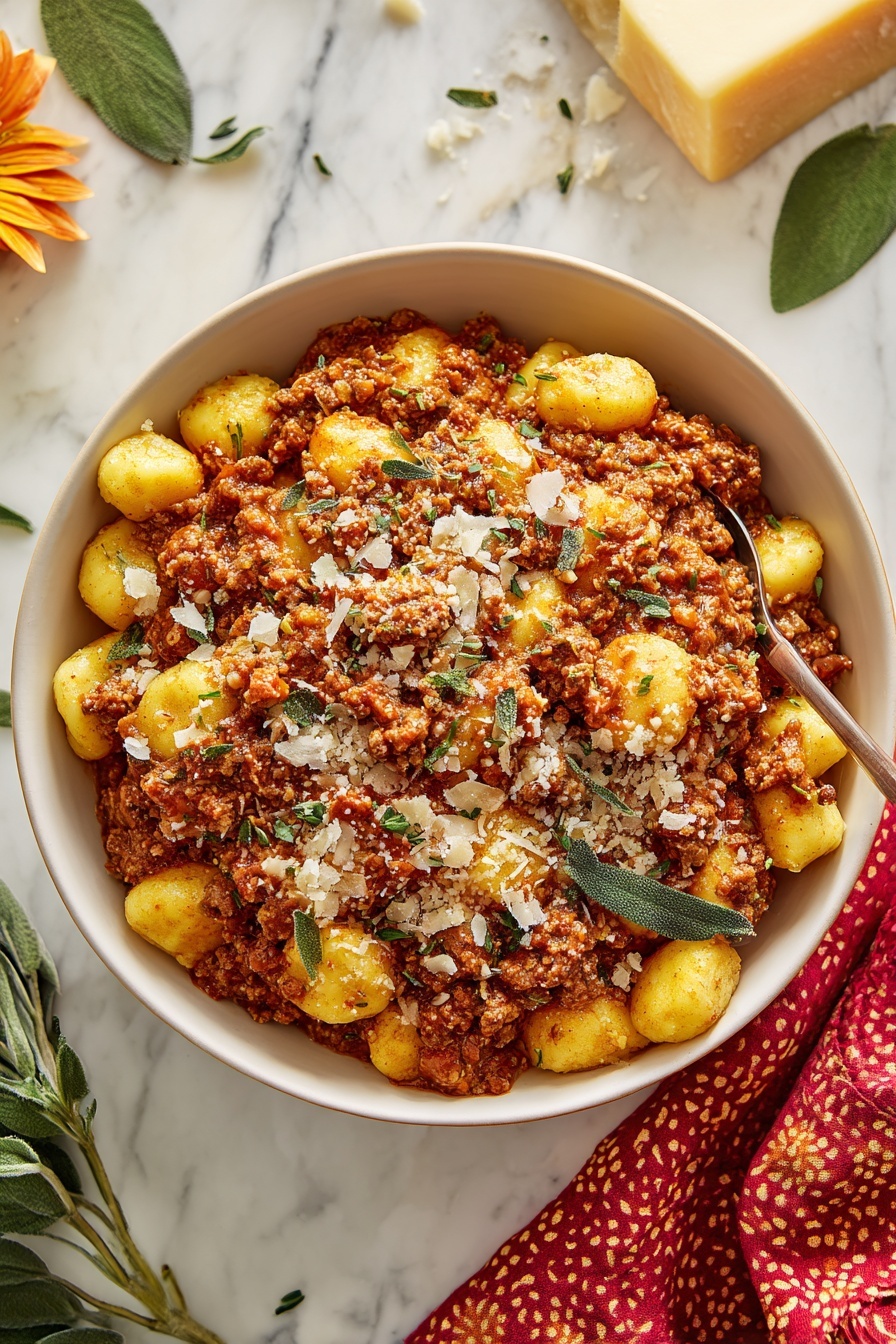 Gnocchi Bolognese, homemade gnocchi with Bolognese sauce, easy Italian gnocchi recipe, comforting Bolognese pasta, hearty gnocchi dish - A white bowl filled with a rich, chunky dish made of two layers: the base layer is soft, yellow gnocchi with a smooth texture, and the top layer is a thick, reddish-brown meat sauce with small bits of meat and tomato sauce mixed evenly, both layers covered with bits of grated white cheese and small green herb pieces scattered on top. The bowl is placed on a white marbled surface next to a red cloth with a pattern, a piece of pale yellow cheese block, and scattered green leaves. Photo taken with an iphone --ar 2:3 --v 7