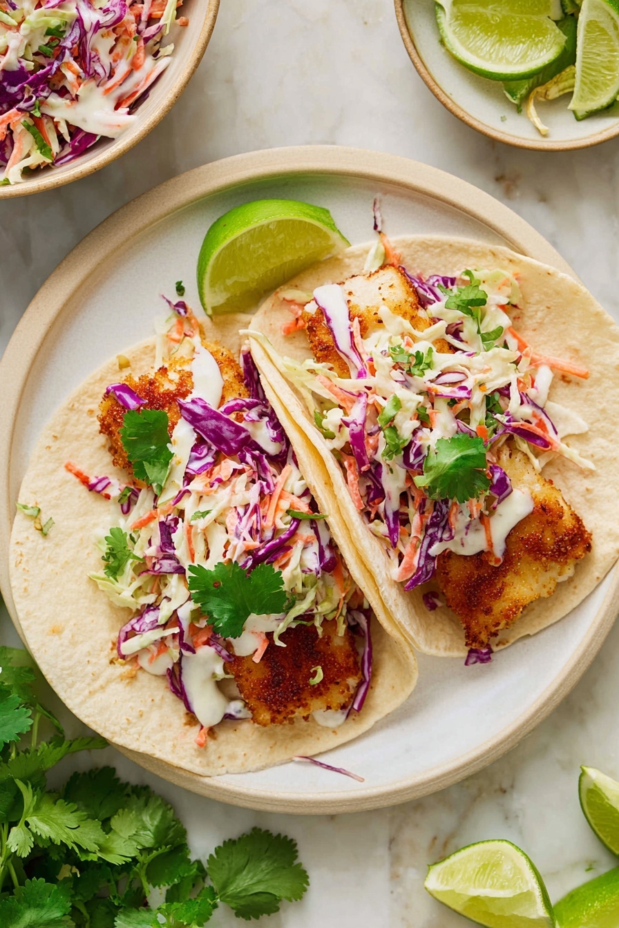 Air Fryer Fish Tacos with Cilantro Lime Slaw, Fish Tacos, Cilantro Lime Slaw, Air Fryer Fish Recipes, Easy Fish Tacos - The image shows a white plate holding three soft tortillas at the bottom, each topped with golden-brown spiced fish pieces that have a slightly crispy texture. On top of the fish, there is a colorful coleslaw made of vibrant purple cabbage, white cabbage, and thin slices of carrot mixed with a creamy dressing. Green cilantro leaves are placed fresh on both the tortillas and plate edges. Two lime wedges are placed on the side of the plate for garnish. The setting includes a white marbled surface with a small white bowl of lime wedges in the background. Photo taken with an iphone --ar 2:3 --v 7