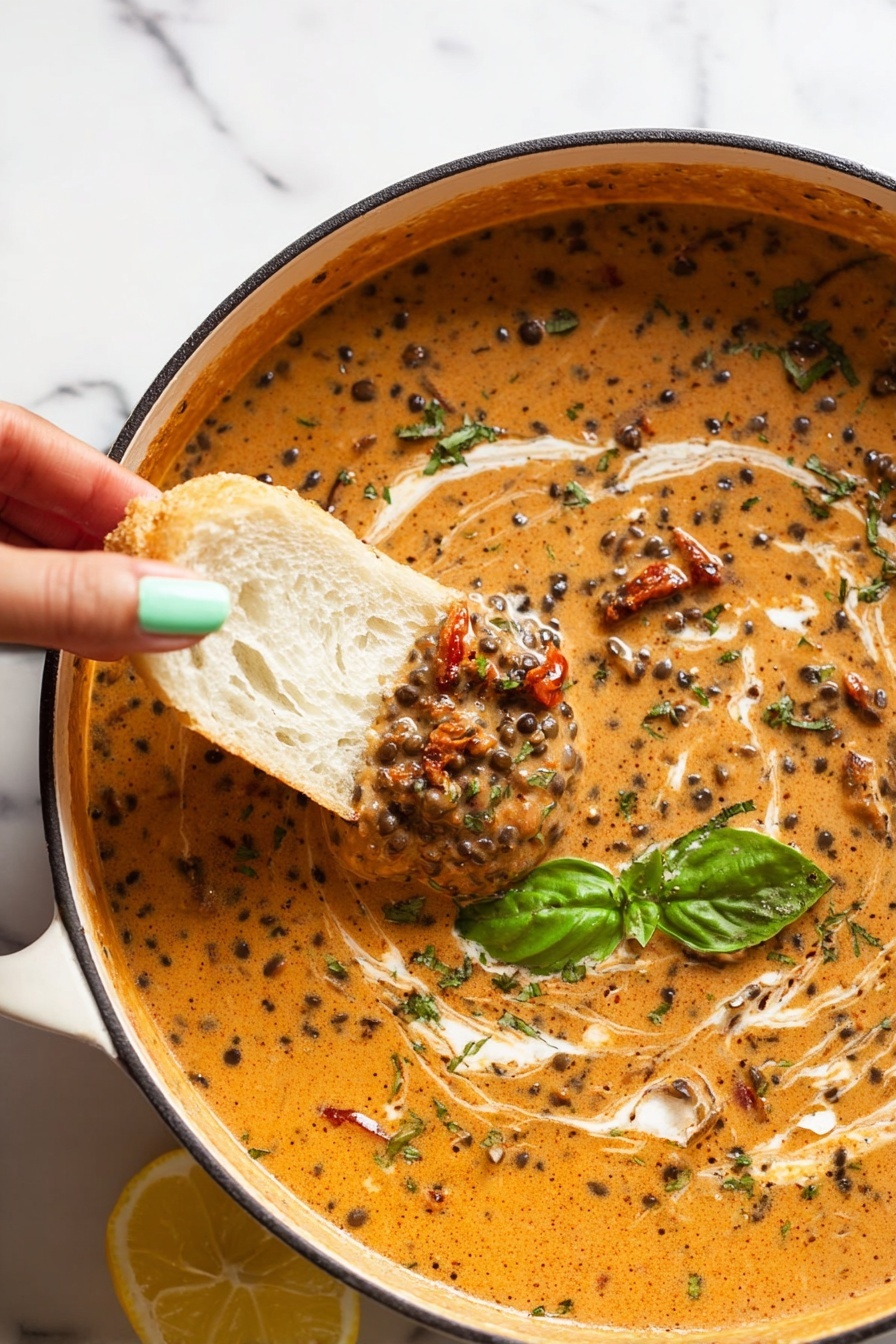 Creamy Lentils with Sun-Dried Tomatoes, Lentil recipe with sun-dried tomatoes, hearty creamy lentil dish, savory vegan lentils, comforting lentil dinner - A close-up of a creamy orange lentil dish mixed with dark green spinach and small bits of red tomato, all in one thick layer. The lentils are dark and round, creating a bumpy texture throughout the orange sauce. A woman's hand with green nail polish is dipping a light slice of bread into the creamy lentil mixture, lifting some of it. The dish is served in a white bowl with a dark rim, sitting on a white marbled surface. Photo taken with an iphone --ar 2:3 --v 7