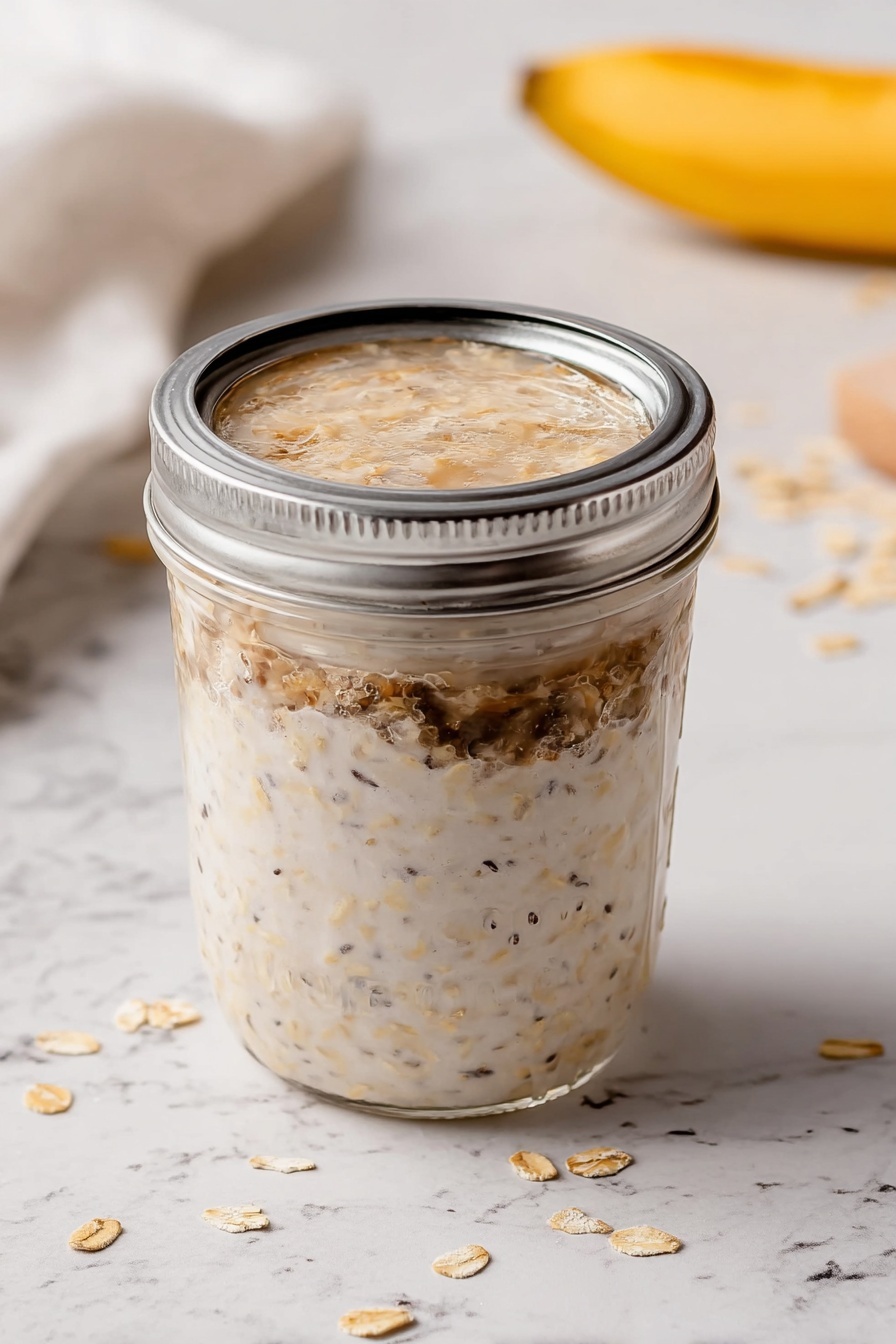 Peanut Butter Banana Overnight Oats, healthy breakfast recipes, quick overnight oats, easy breakfast ideas, banana oatmeal jar - The image shows a glass jar filled with a light brown mixture of overnight oats that have a creamy, slightly chunky texture. At the top of the jar, there are five yellowish banana slices arranged closely, sprinkled with small brown specks of cinnamon. The jar is placed on a dark wooden board, with some oats and a wooden spoon with oats blurred in the background. A silver spoon lies to the right of the jar on a white marbled surface. photo taken with an iphone --ar 2:3 --v 7
