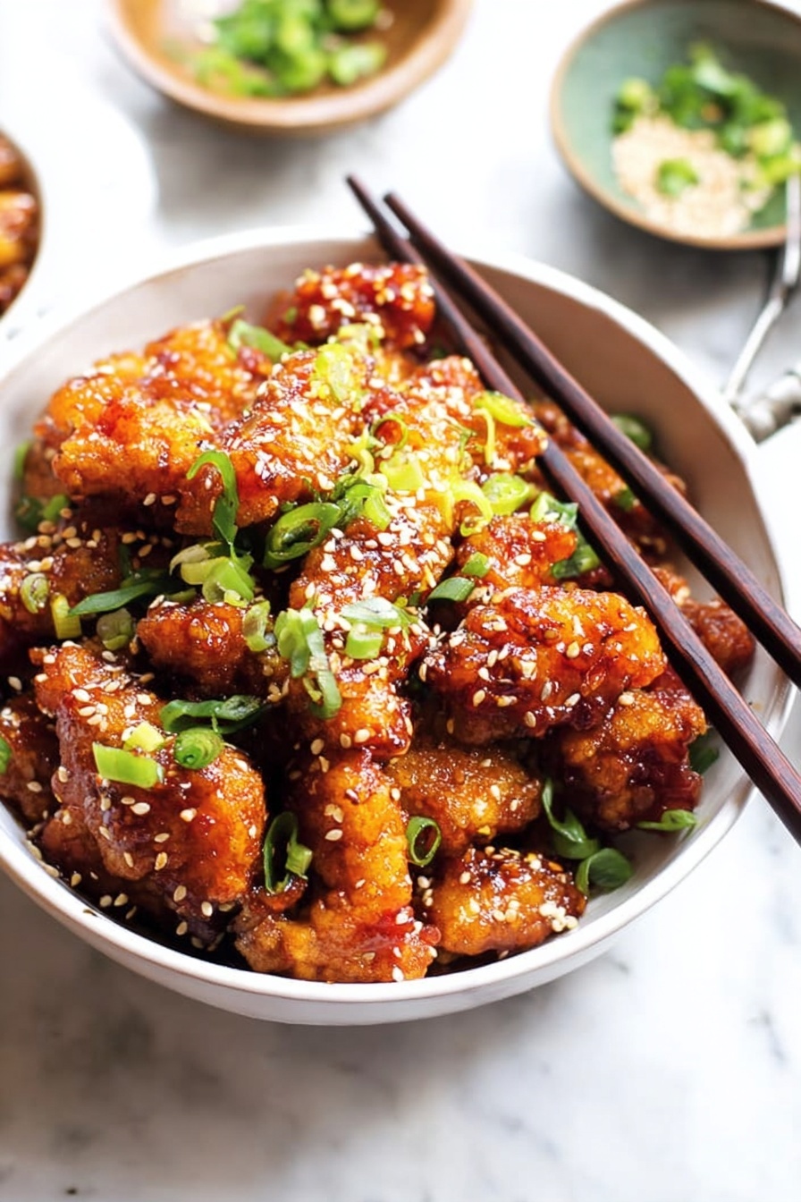 Paleo Sesame Chicken, healthy sesame chicken, gluten-free sesame chicken, paleo chicken stir-fry, clean eating sesame chicken - The image shows a white bowl filled with crispy fried chicken pieces coated in a shiny reddish-brown sauce. The chicken pieces are layered closely together, with a sprinkling of white sesame seeds and chopped bright green onions scattered on top, adding vibrant color contrast. A pair of dark wooden chopsticks rests on the edge of the bowl, partially inserted into the chicken. The bowl sits on a white marbled surface with small bowls of green onion and seasoning blurred in the background. Photo taken with an iphone --ar 2:3 --v 7