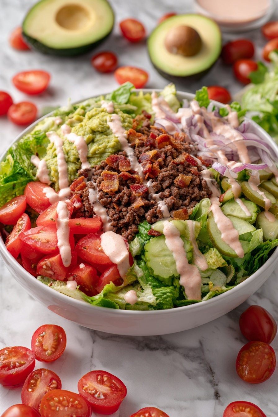Loaded Burger Bowl with Special Sauce, burger bowl recipe, healthy burger bowl, easy burger bowl, savory dinner ideas - The image shows a white bowl filled with a fresh salad arranged in layers. At the bottom, there is a base of green lettuce leaves. On top of the lettuce, there are several layers including bright red cherry tomato halves, crumbled cooked ground beef in brown color, and slices of pale green pickles sprinkled with chopped herbs. There are also thin slices of cooked meat with a golden-brown crispy texture and lightly grilled onion rings with a slightly translucent look. On one side of the bowl, there is a generous scoop of green guacamole, and pinkish creamy dressing is drizzled over the top of all the ingredients. The bowl sits on a white marbled surface, with halves of fresh avocado in the background. Photo taken with an iphone --ar 2:3 --v 7