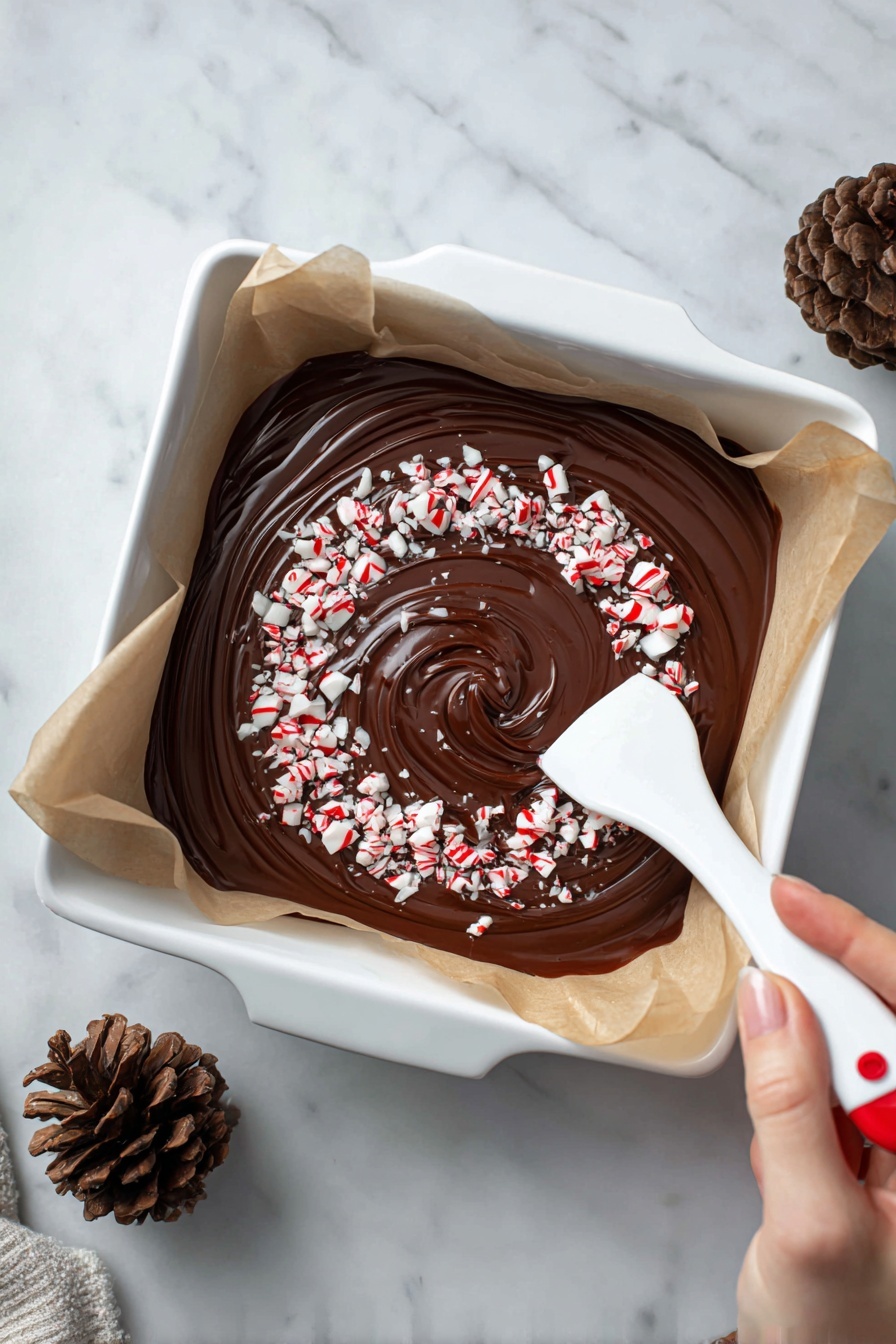 Peppermint Swirl Fudge, peppermint fudge recipe, holiday fudge recipes, chocolate peppermint fudge, festive fudge treats - A white baking pan lined with parchment paper holds a single-layer, glossy dark chocolate mixture spread evenly inside. A woman's hand is using a white spatula with a red tip to swirl crushed white and red peppermint pieces on top of the chocolate with circular motions. The spatula moves from the center outward, creating a marbled effect with the crushed peppermint pieces scattered mainly around the center and edges. The setting features a white marbled surface, and a pine cone is visible nearby. Photo taken with an iphone --ar 2:3 --v 7