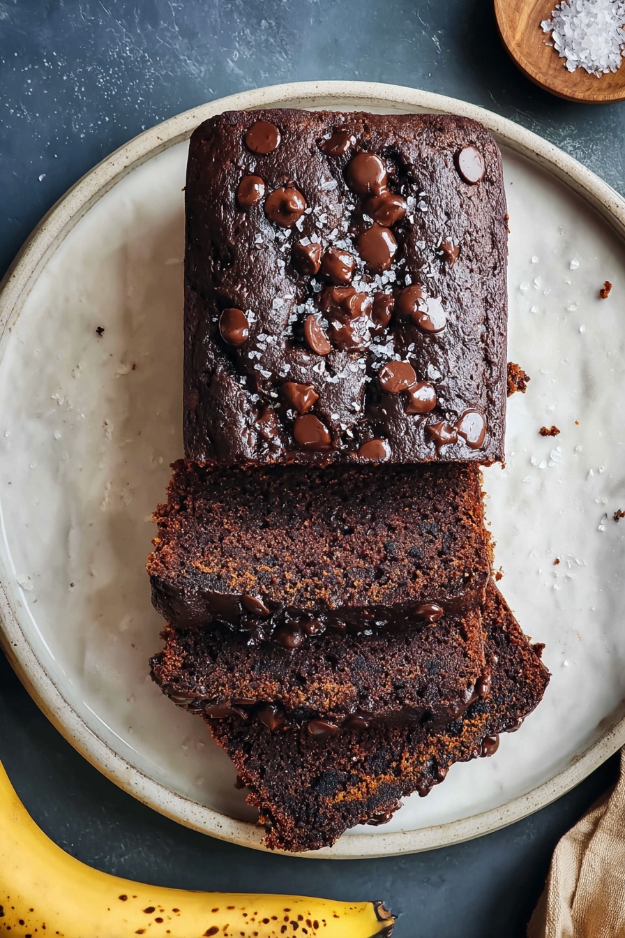 Chocolate Espresso Banana Bread, banana bread with espresso, moist banana bread, chocolaty banana bread, easy banana bread recipe - A dark brown chocolate banana bread loaf sits on a white plate, with three thick slices cut and laid out below the loaf. The bread has a rough top with melted chocolate chips and some coarse sea salt scattered over it. The inside of the slices looks moist and speckled with chocolate bits. The white plate with the bread rests on a white marbled surface, with a few ripe spotted bananas placed at the bottom edge. Photo taken with an iphone --ar 2:3 --v 7