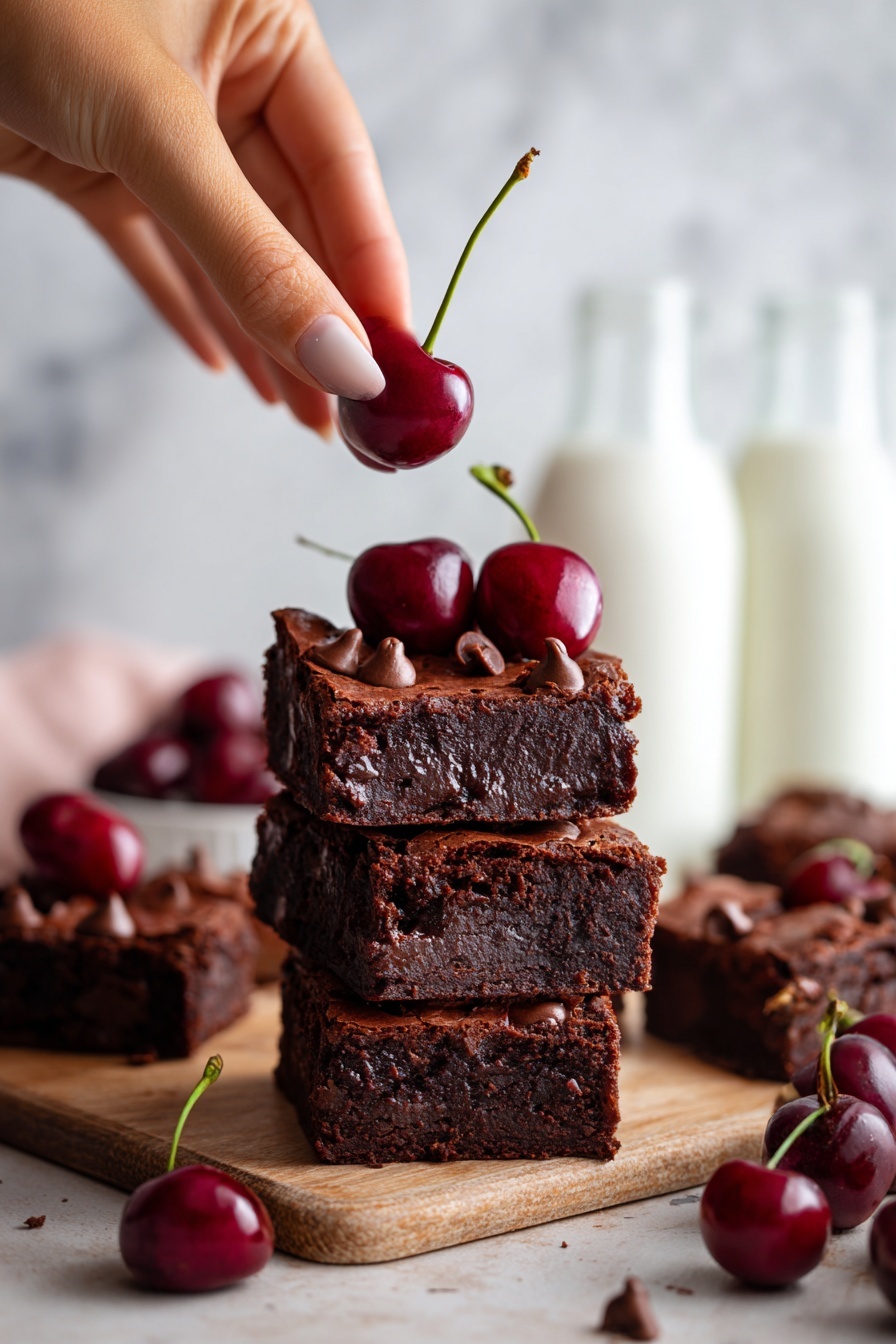 Chocolate Cherry Brownies, cherry brownies recipe, fudgy cherry chocolate brownies, roasted cherry brownies, easy cherry brownie dessert - The image shows a stack of three square chocolate brownies with a rich, dark brown color and a moist, dense texture. The top brownie has shiny chocolate chips embedded inside and is decorated with glossy, deep red cherries, some halved to show their juicy inside. A woman's hand holds a whole cherry by its long stem above the stack. Around the stack, there are more brownies and cherries scattered on a wooden surface, all set against a white marbled background with two blurred bottles of milk in the distance. photo taken with an iphone --ar 2:3 --v 7