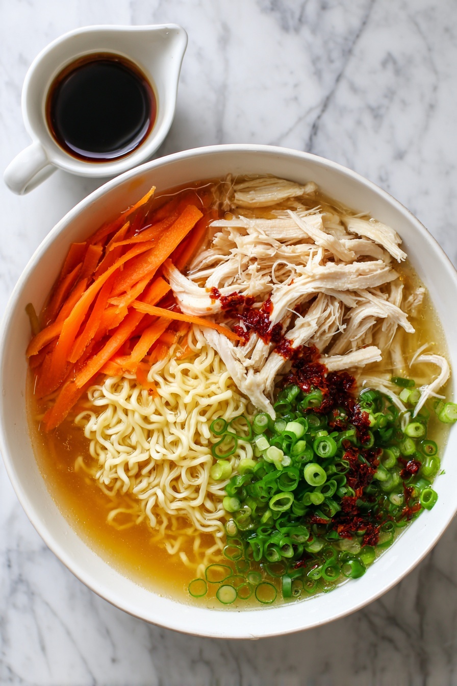 Ginger Scallion Chicken Noodle Soup, chicken noodle soup with ginger and scallions, healthy Asian chicken soup, flavorful homemade chicken noodle soup, comforting Asian-inspired soup - A white bowl filled with a clear broth base, topped with several layers including shredded white chicken pieces on one side, thin orange carrot sticks beside the chicken, cooked curly light beige noodles near the center, and a large heap of finely sliced green onions covering a section of the bowl. There are also dark red chili oil spots scattered around the surface. A small white cup with dark chili oil is placed beside the bowl on a white marbled background. Photo taken with an iphone --ar 2:3 --v 7